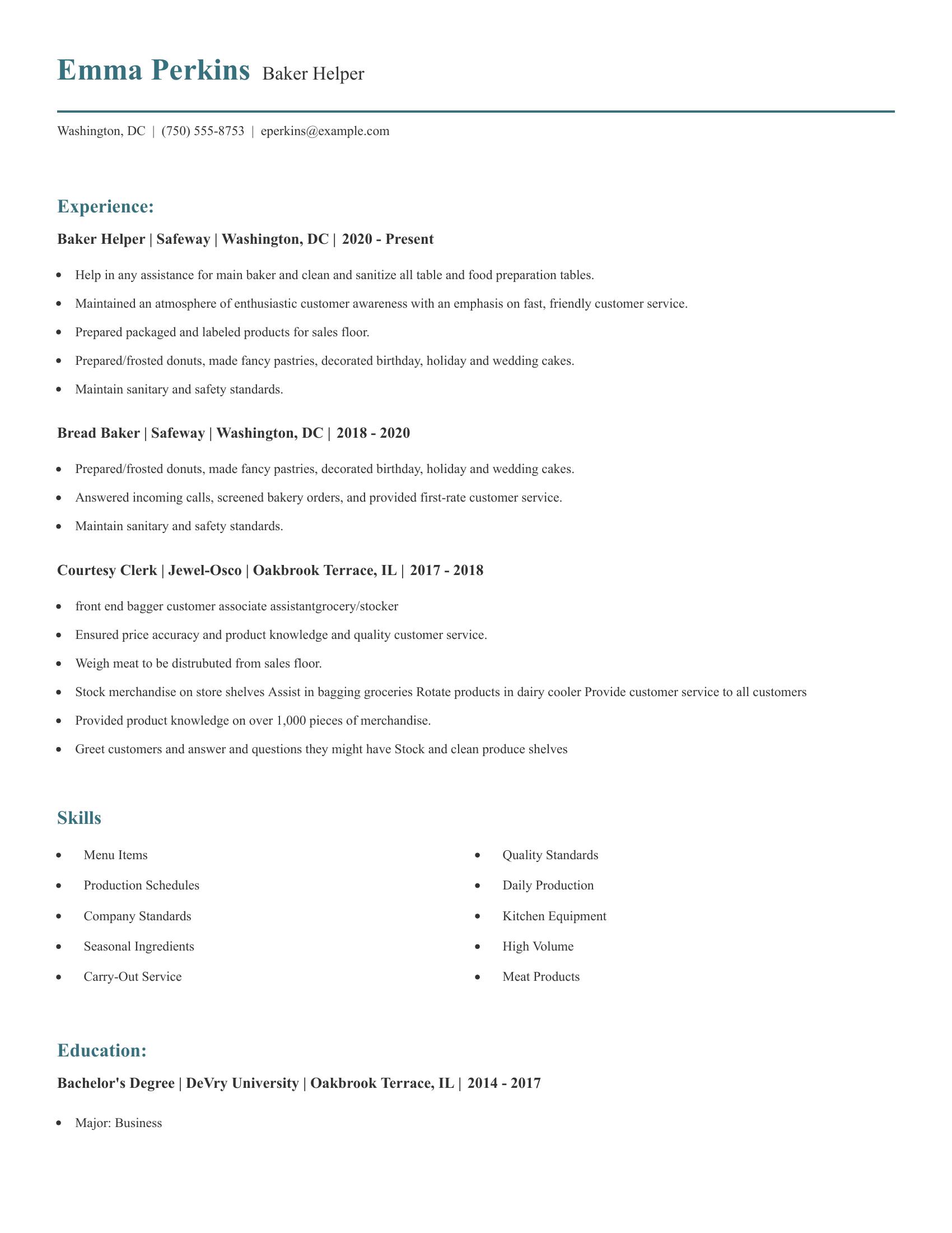 Baker Helper resume example