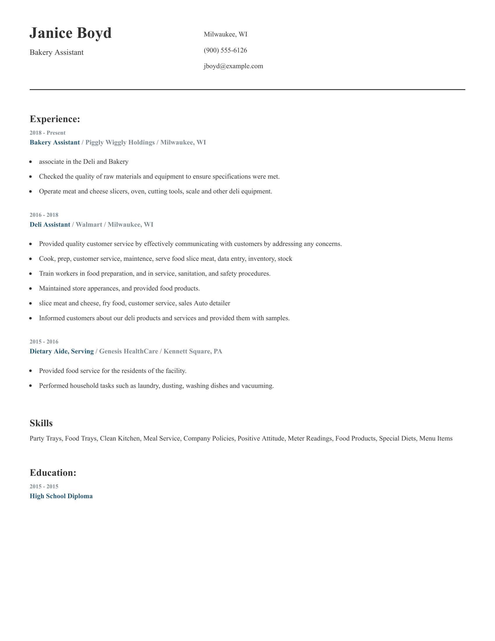 Bakery Assistant resume example