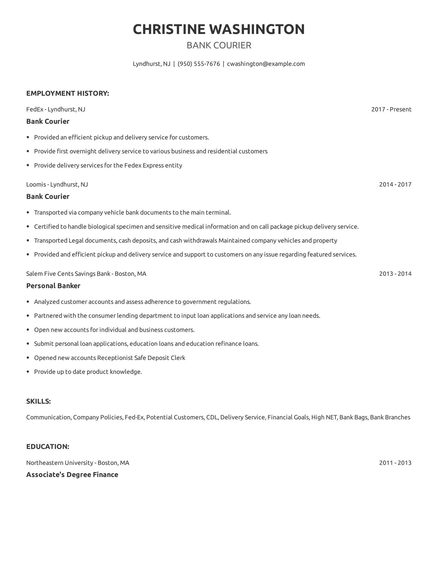 Bank Courier resume example