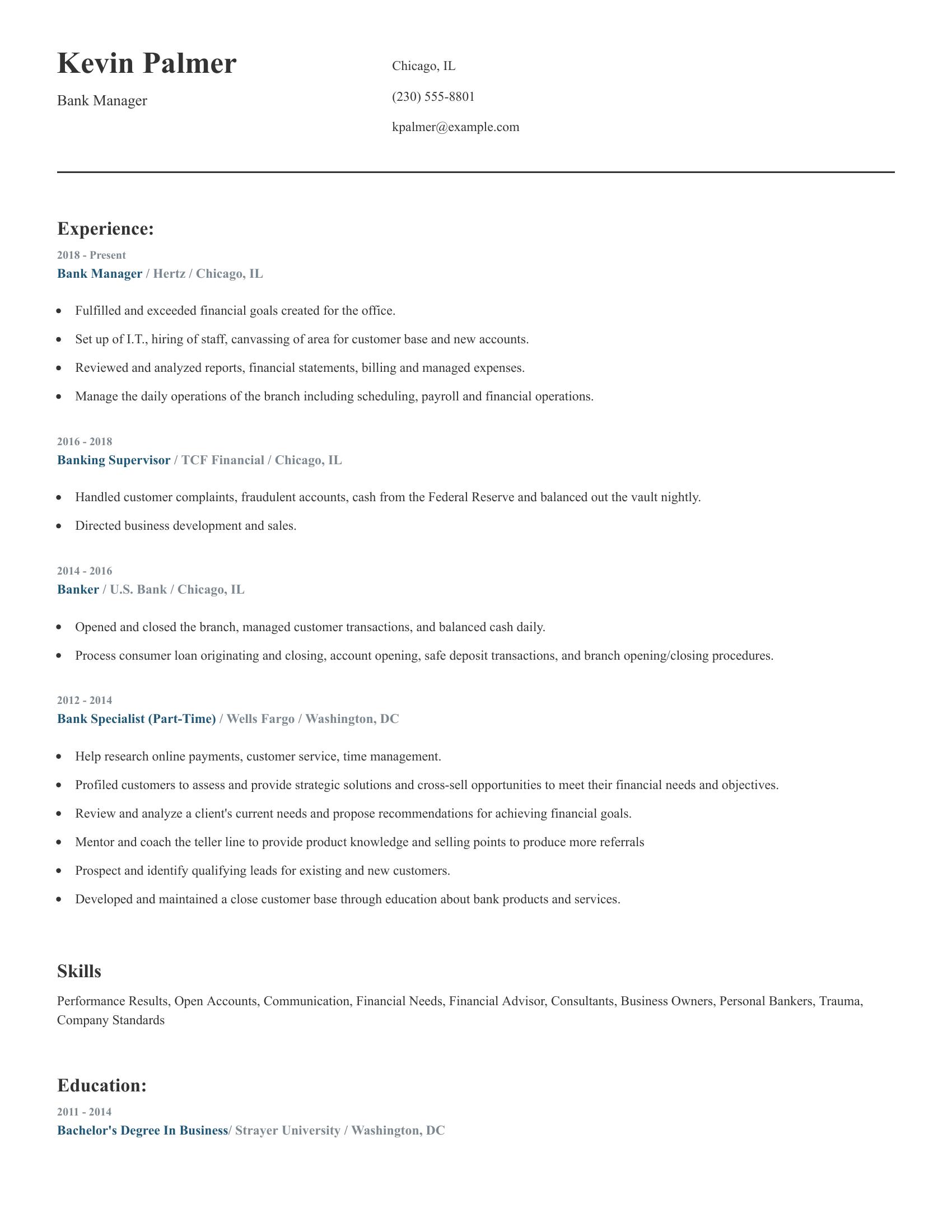 Bank Manager resume example