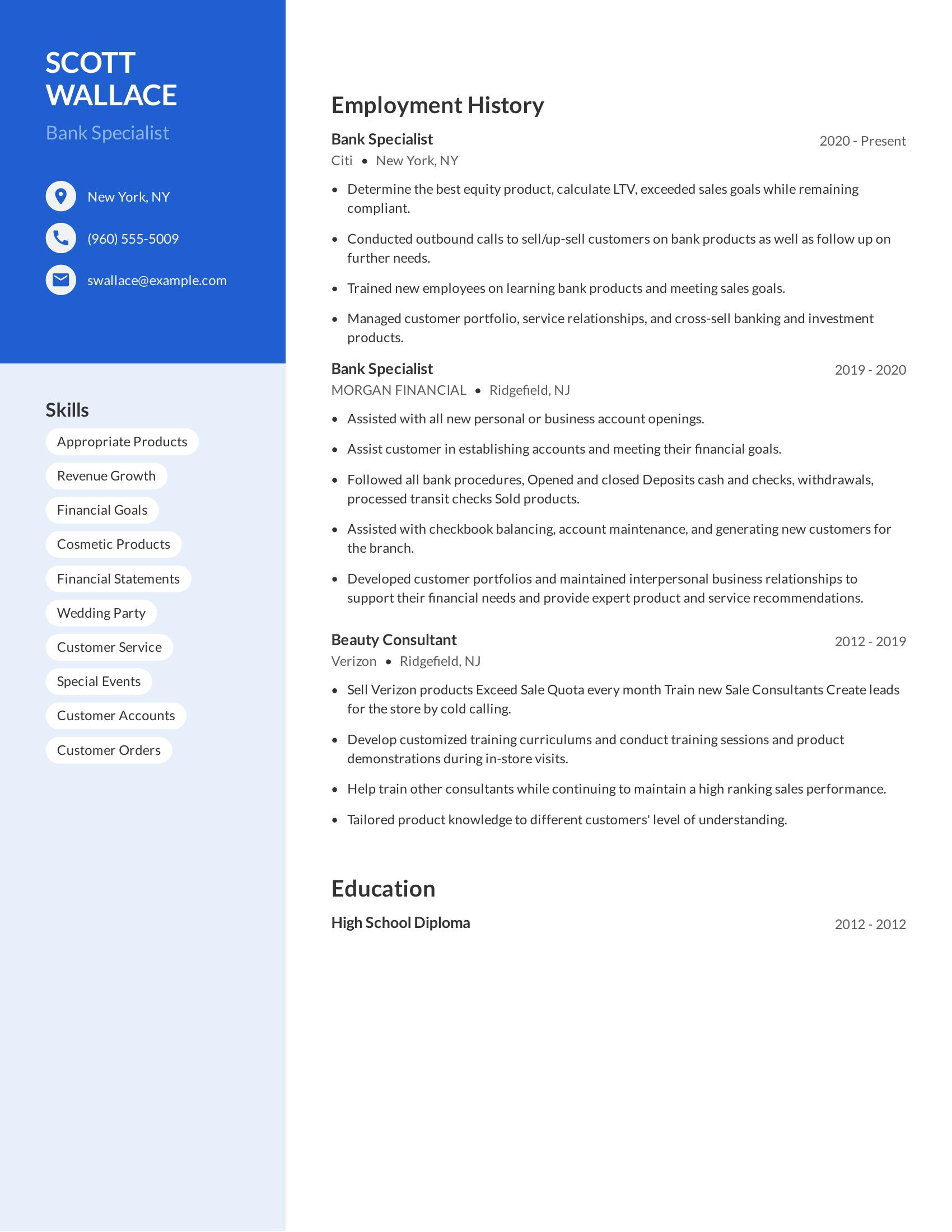 Bank Specialist resume example