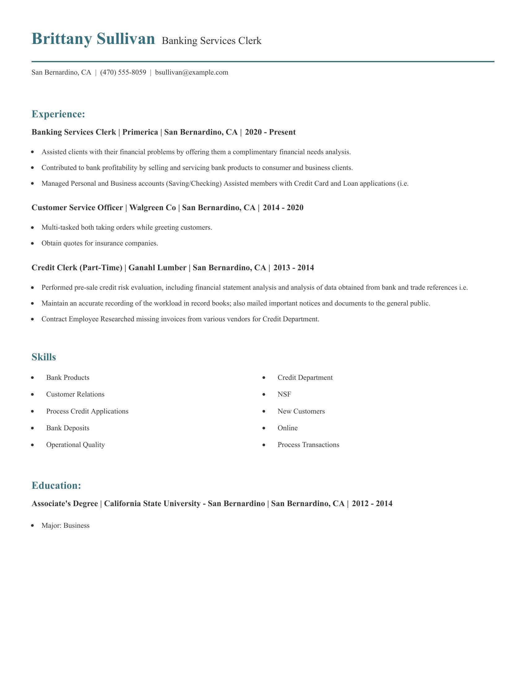 Banking Services Clerk resume example