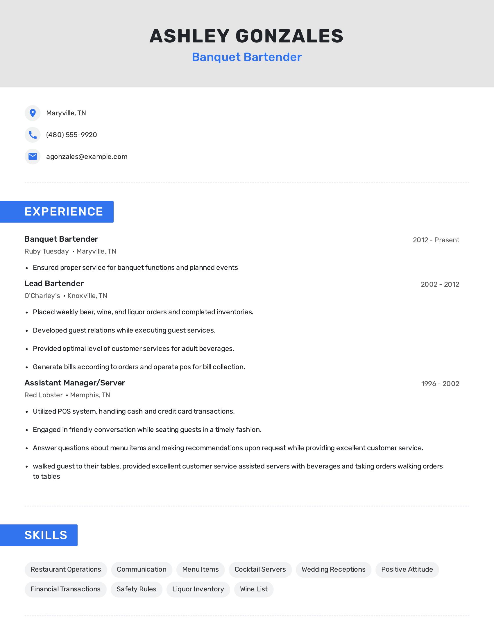 Banquet Bartender resume example