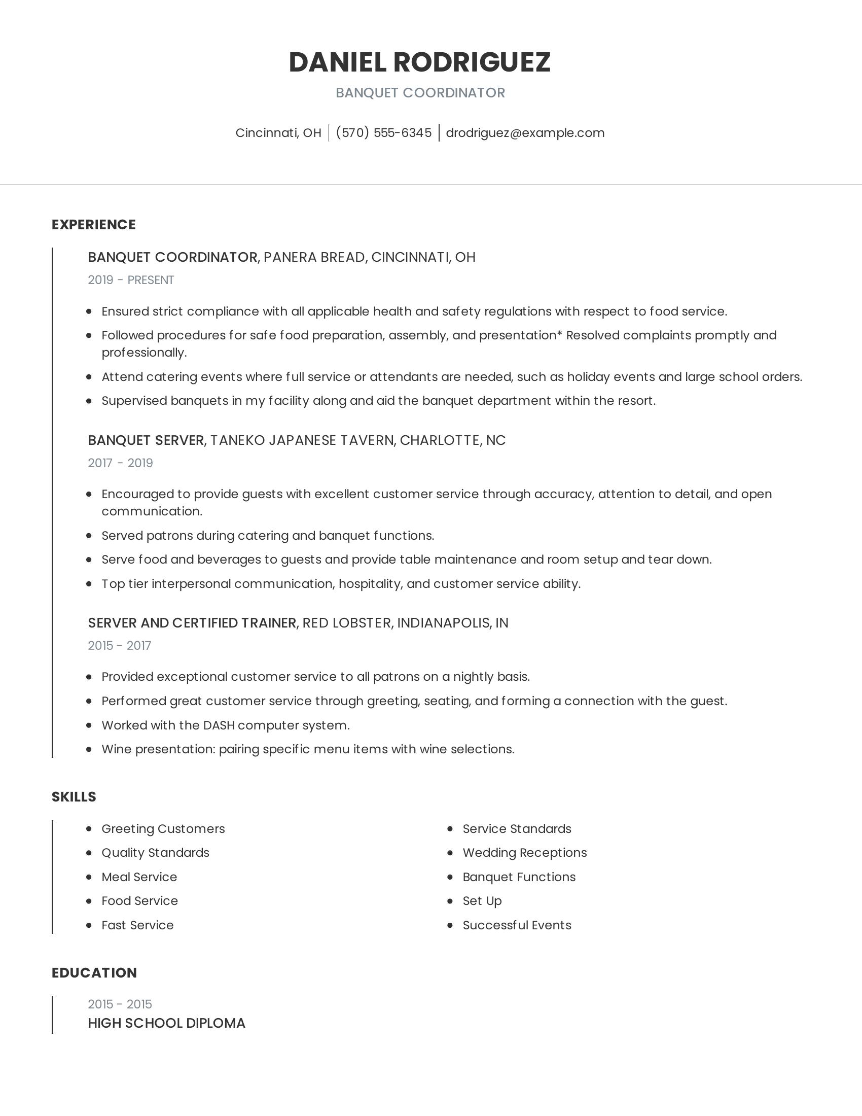 Banquet Coordinator resume example