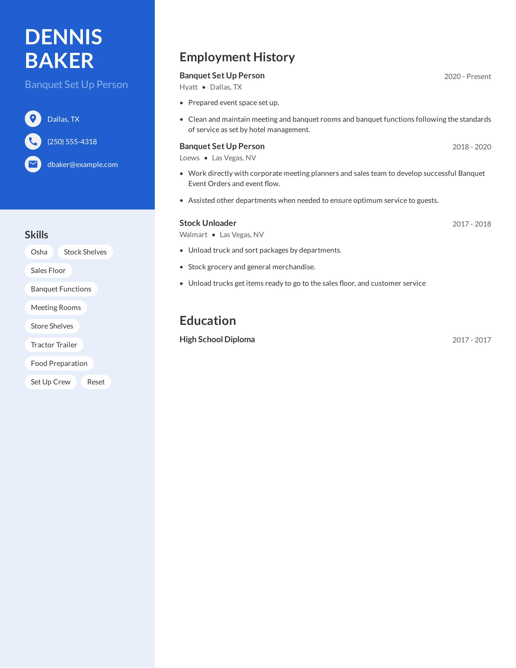 Banquet Set Up Person resume example