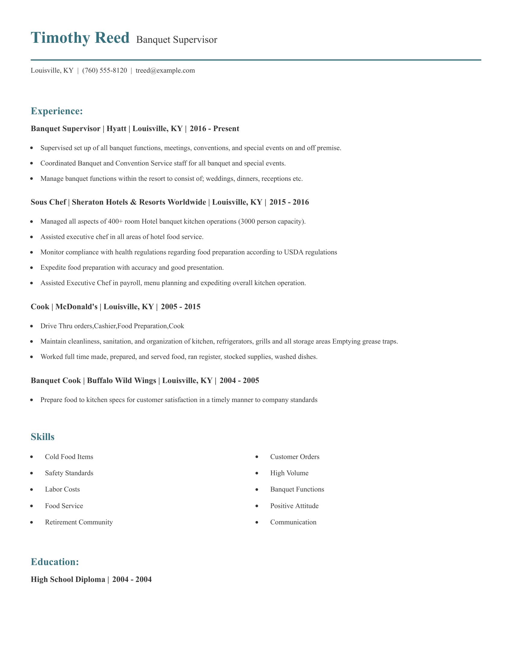 Banquet Supervisor resume example