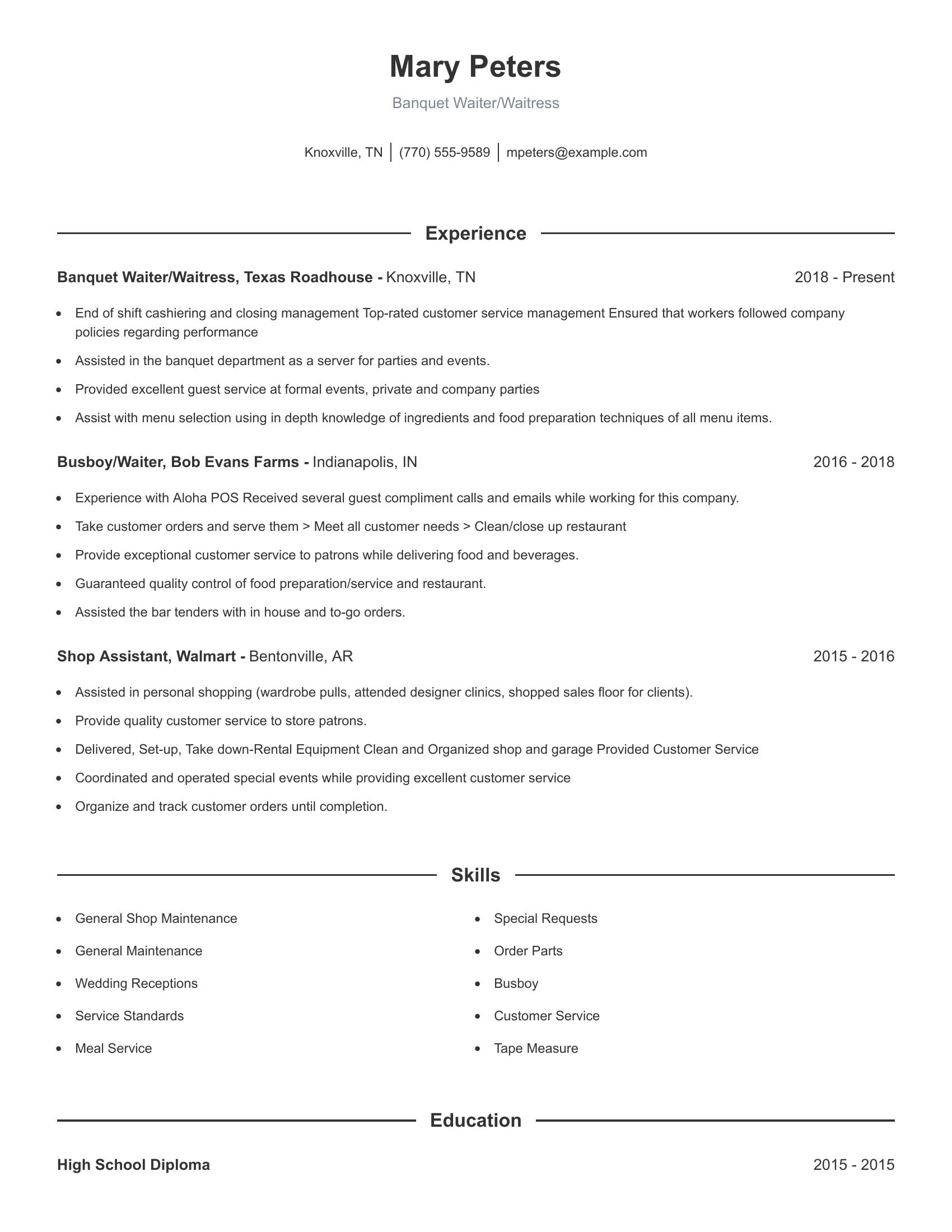 Banquet Waiter/Waitress resume example