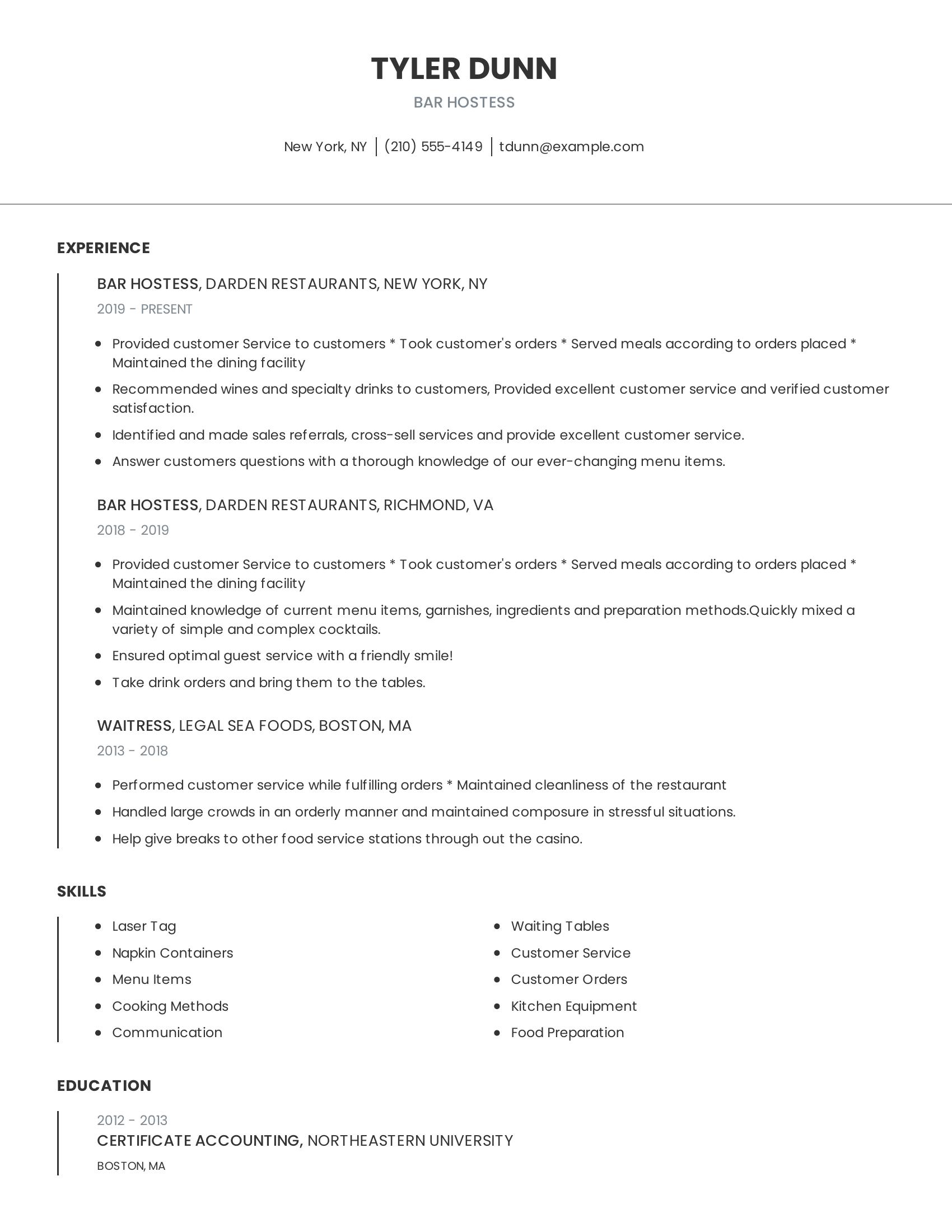 Bar Hostess resume example