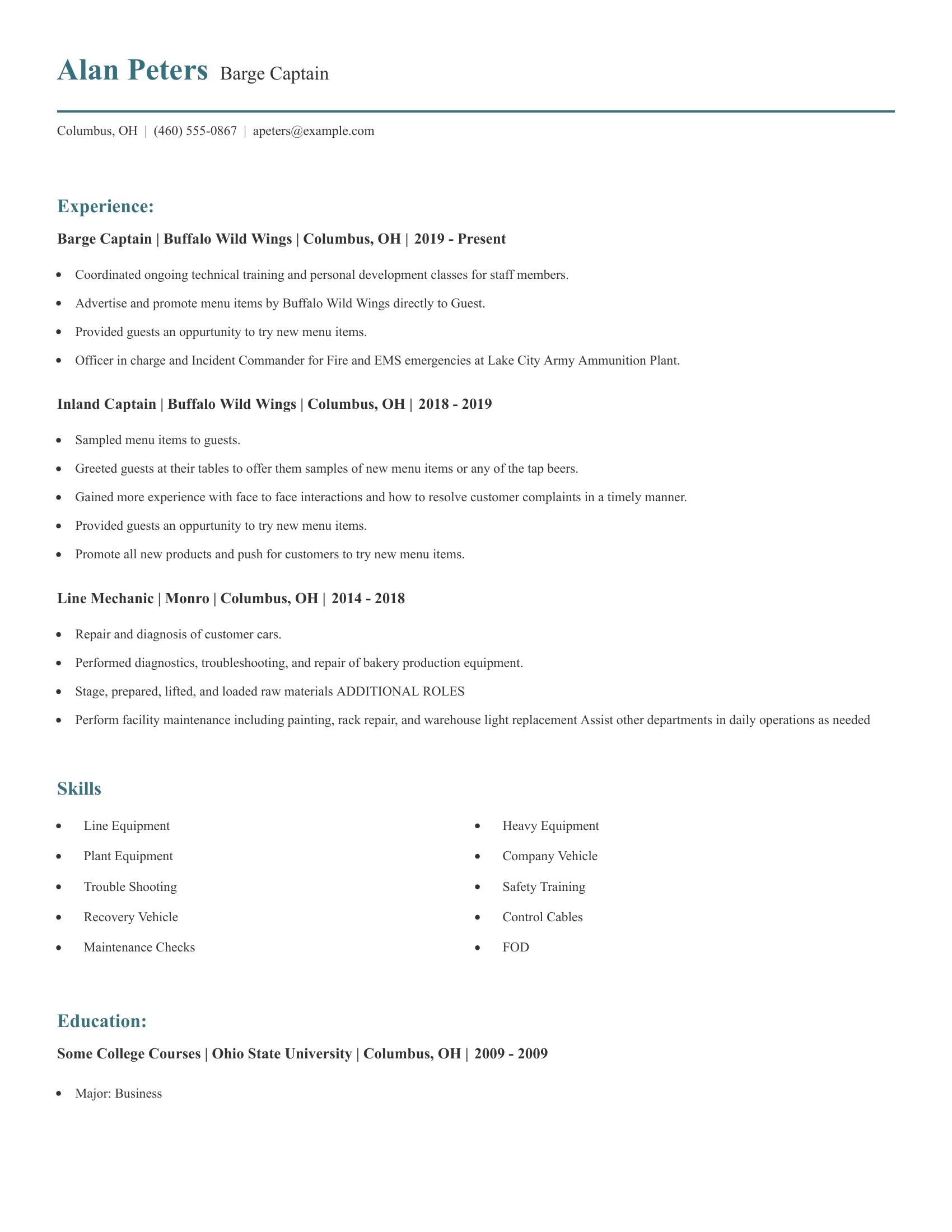 Barge Captain resume example