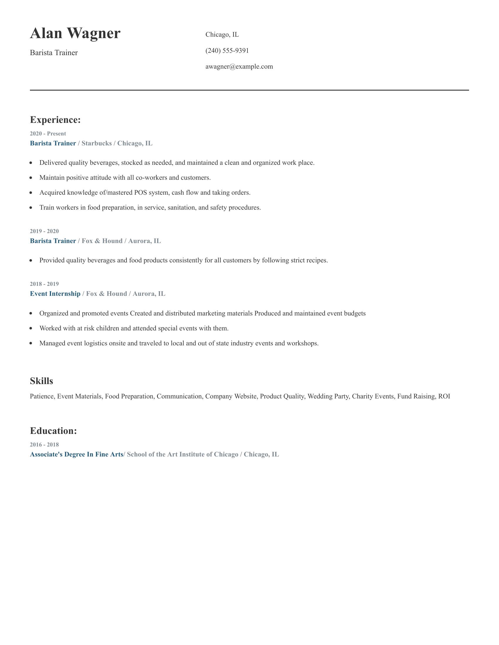 Barista Trainer resume example