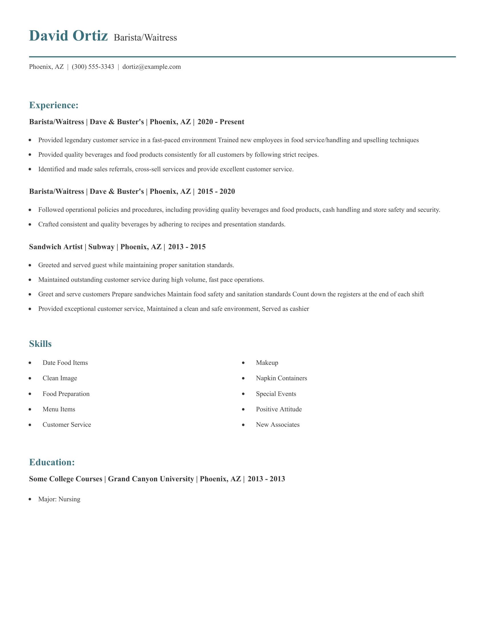 Barista/Waitress resume example