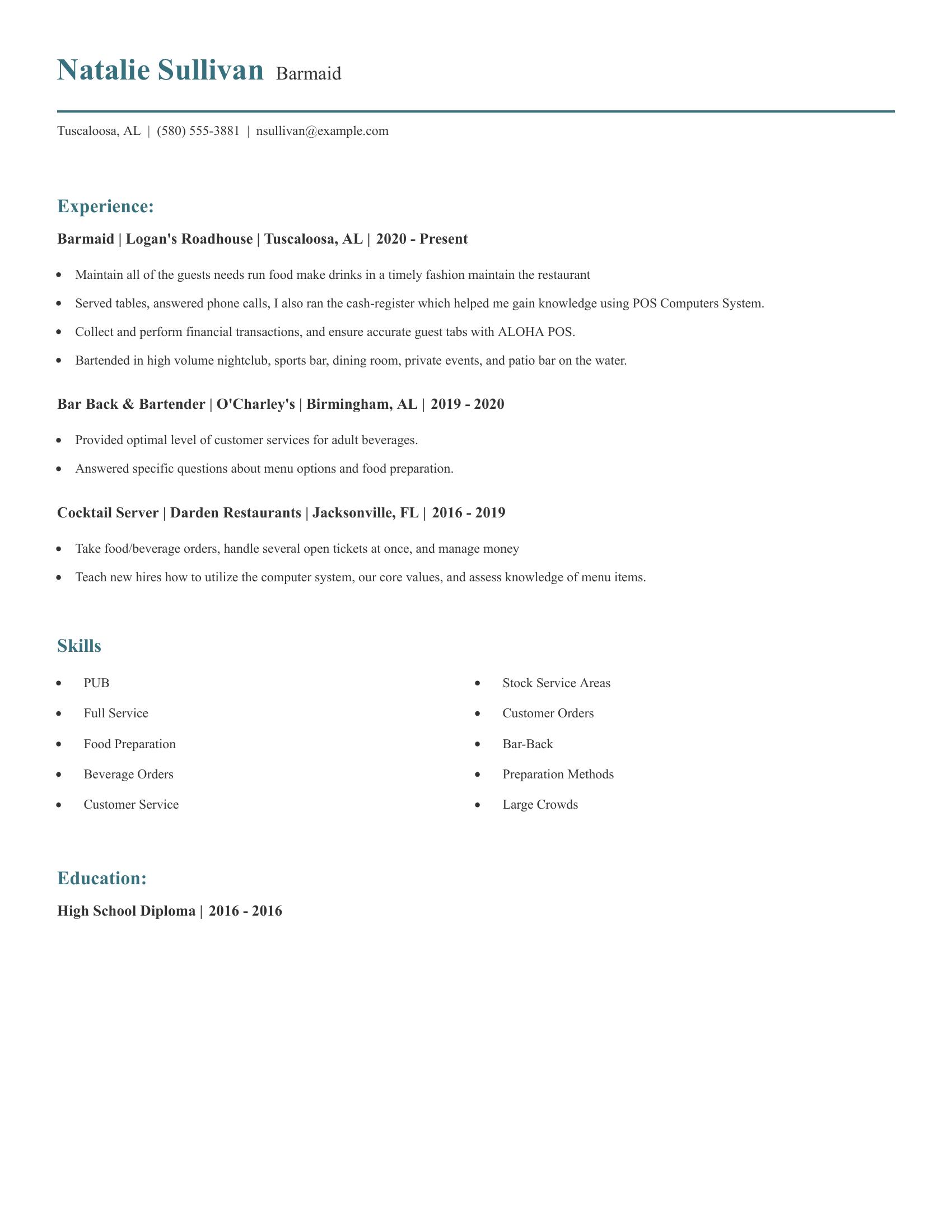 Barmaid resume example