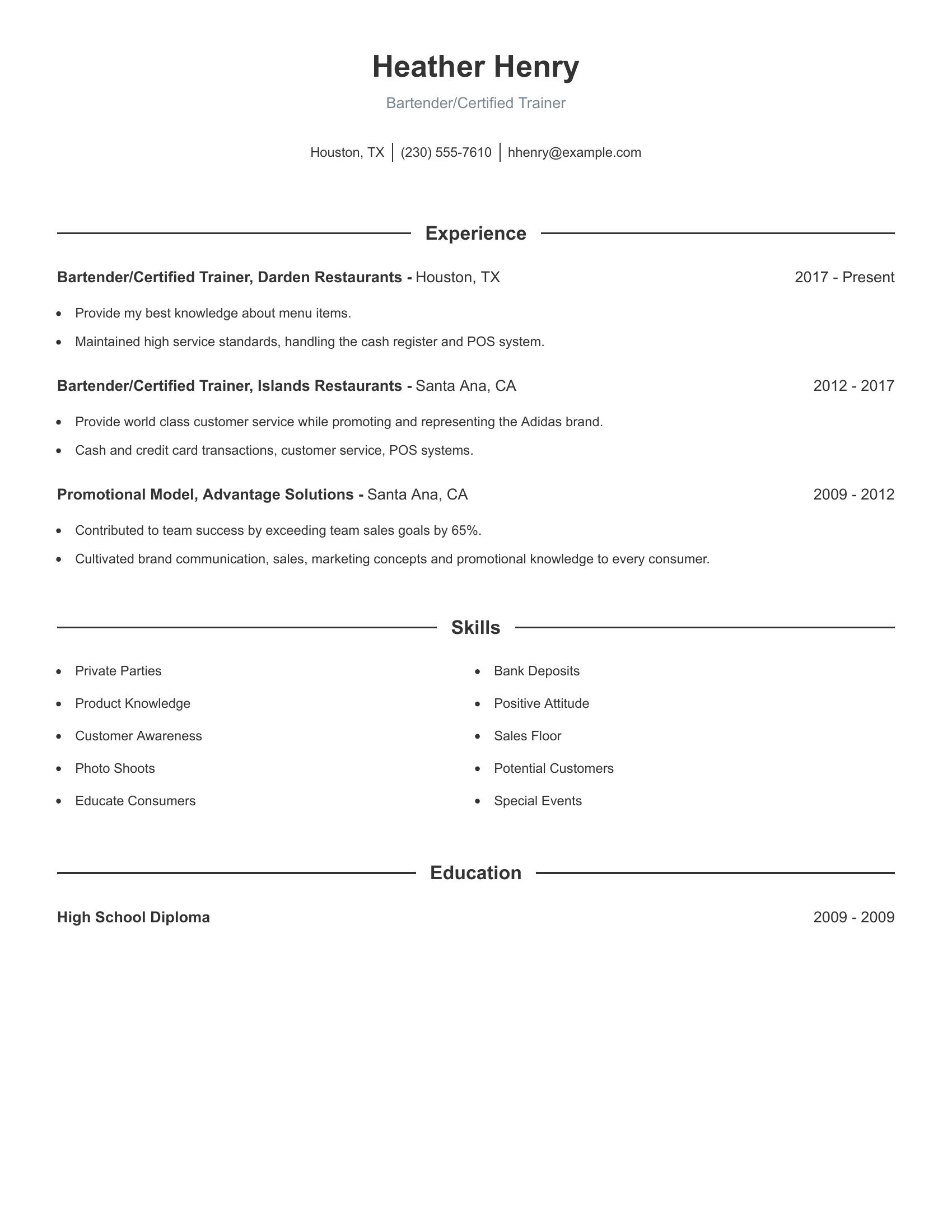 Bartender/Certified Trainer resume example