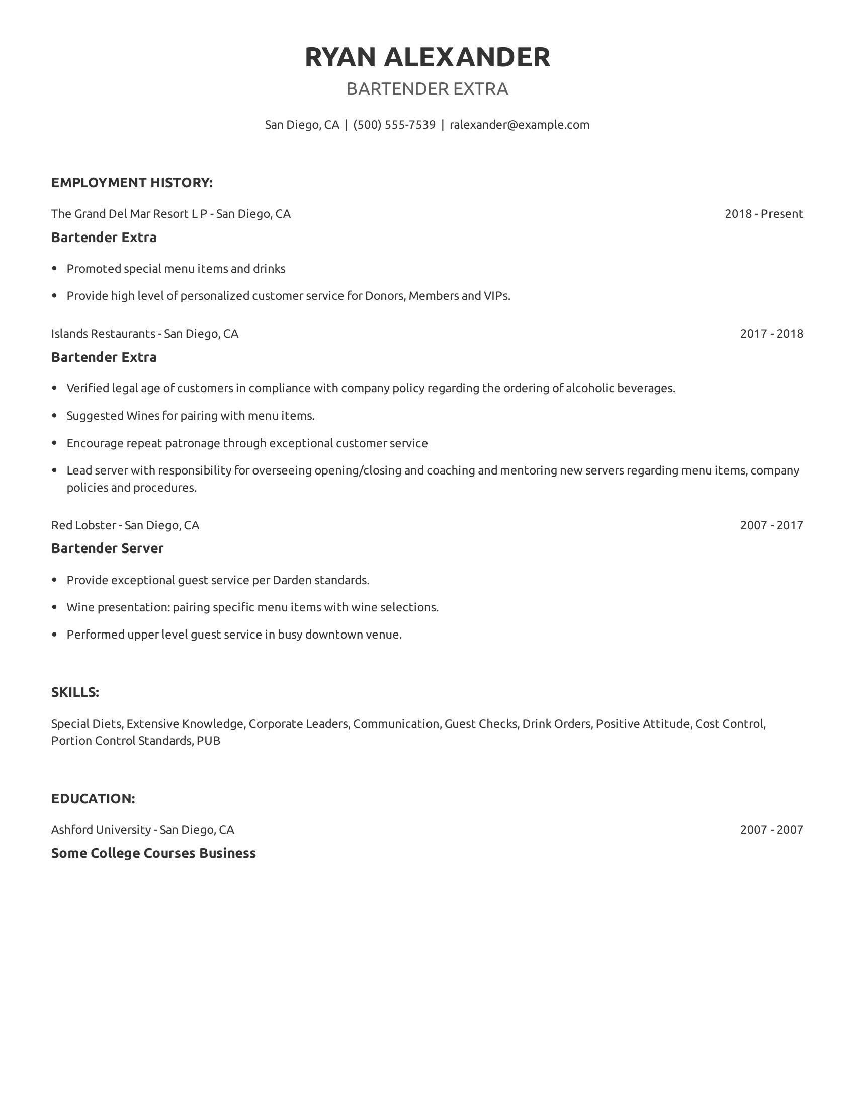 Bartender Extra resume example