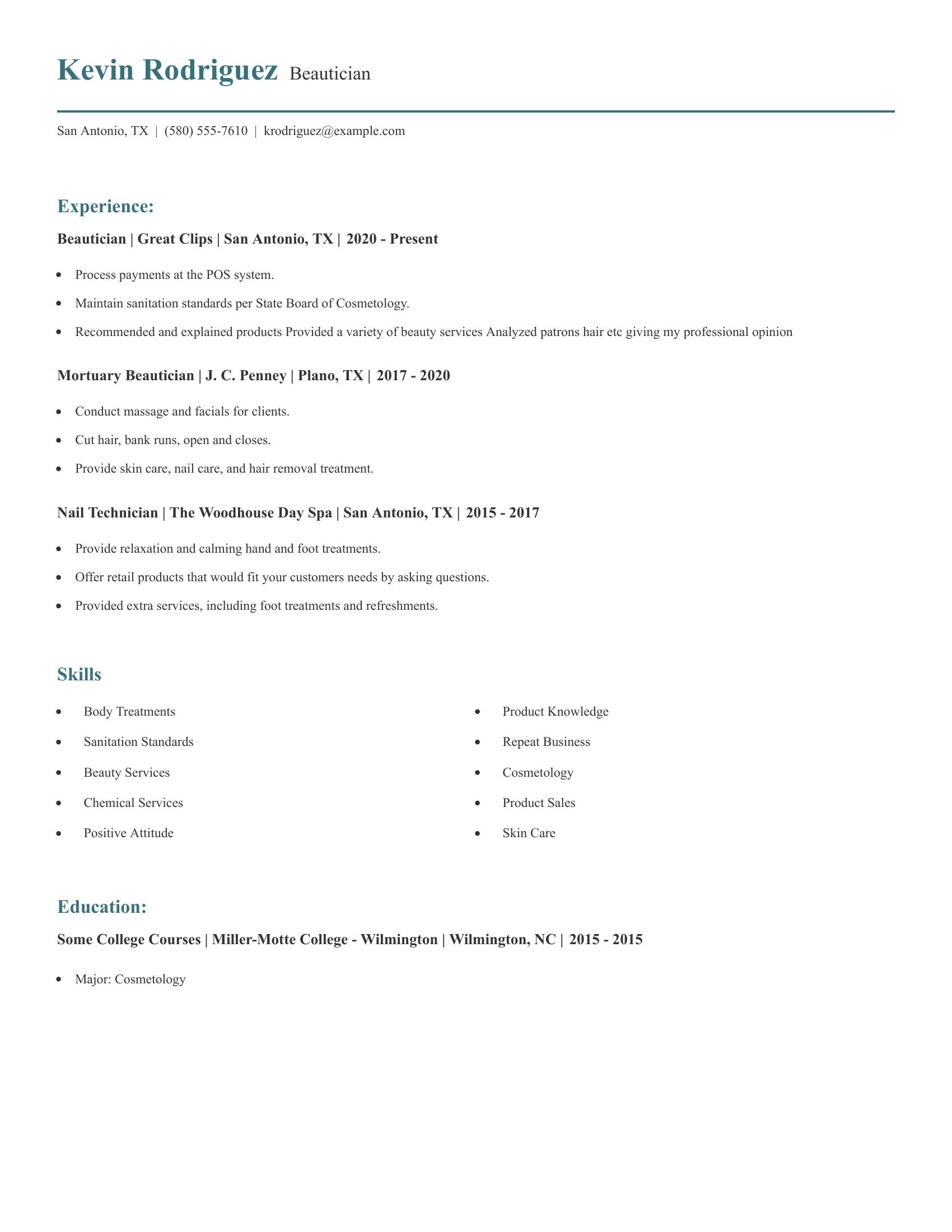 Beautician resume example