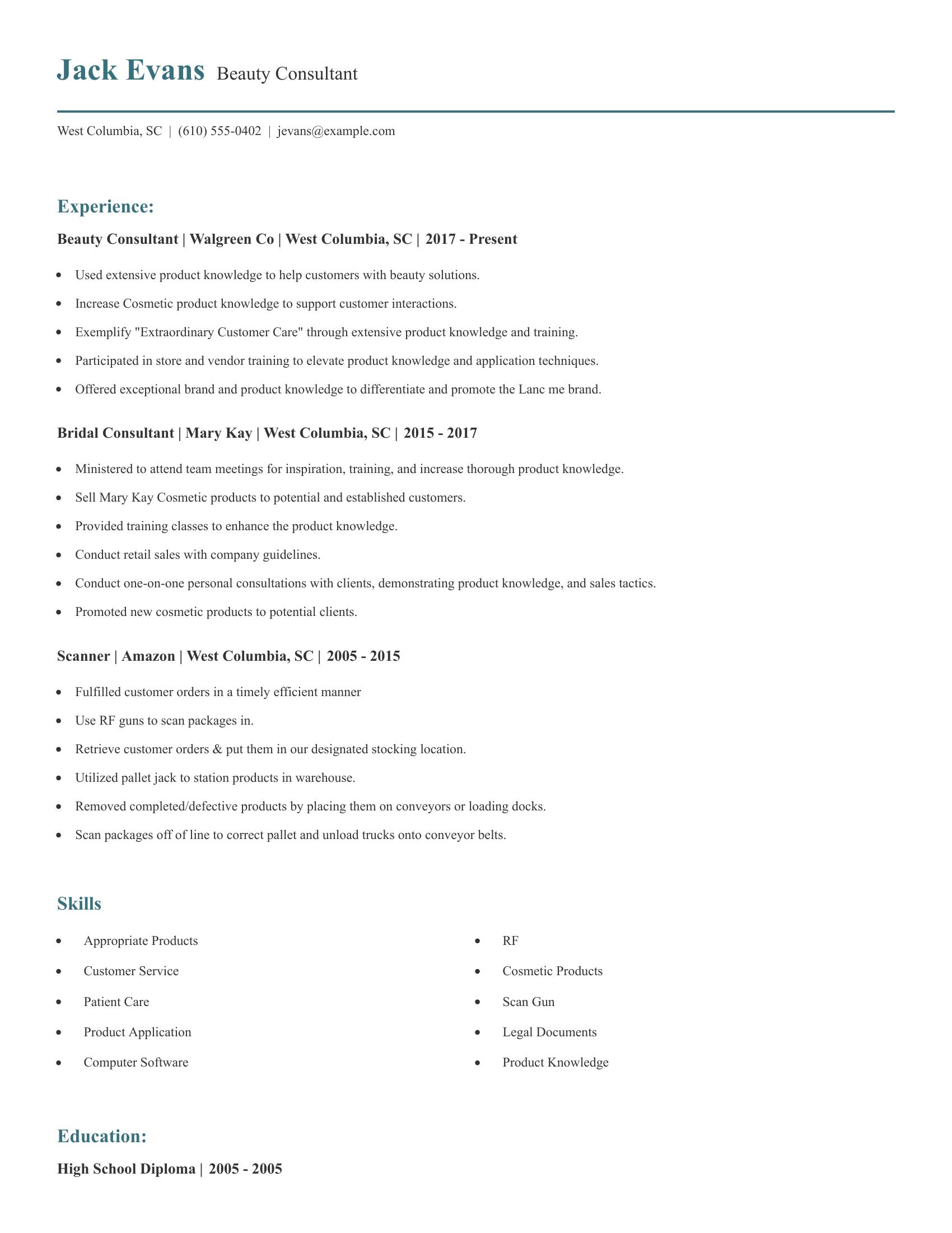 Beauty Consultant resume example