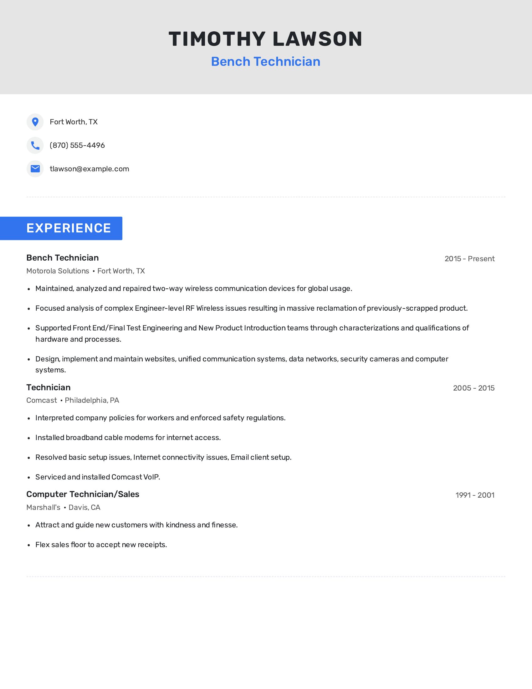 Bench Technician resume example
