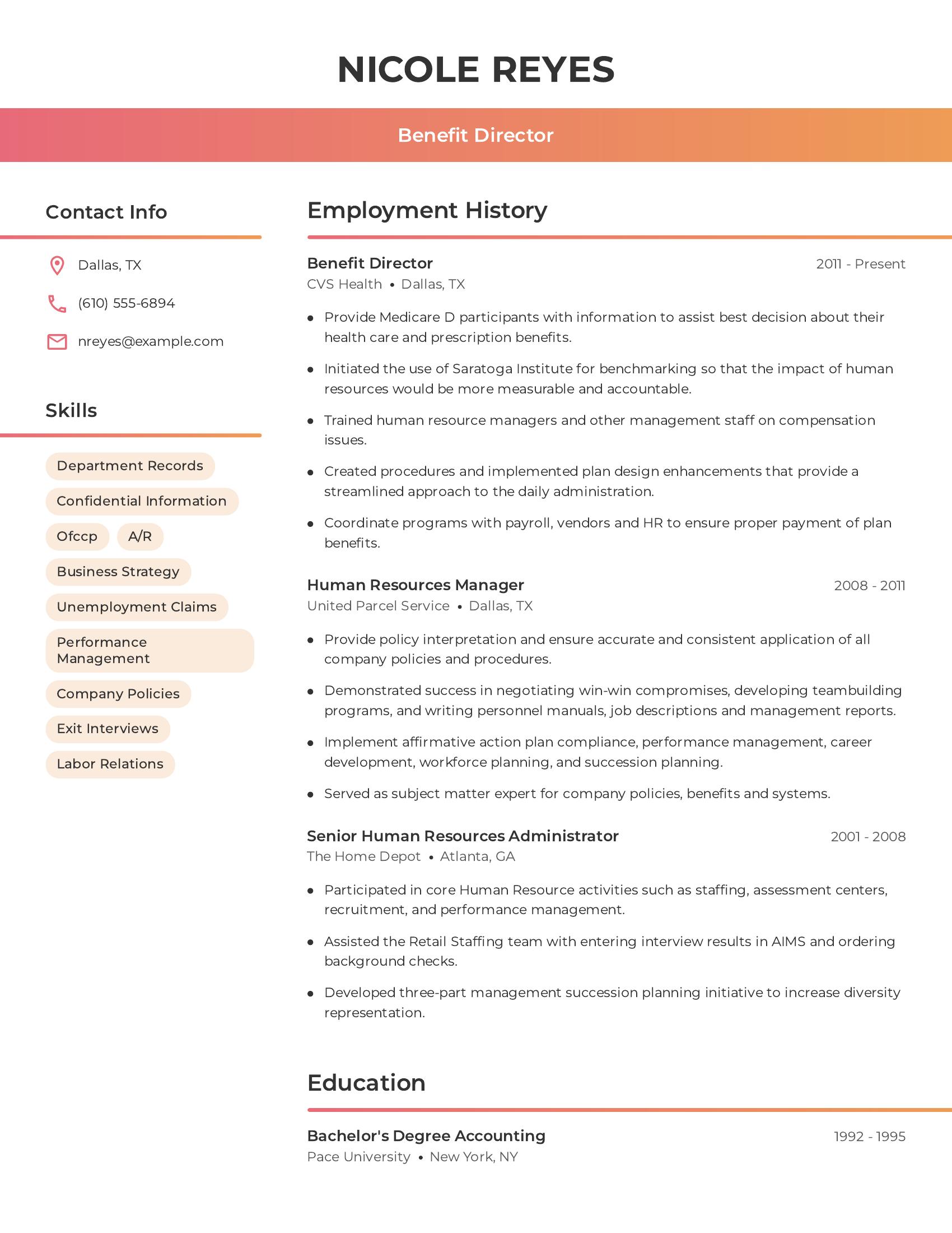 Benefit Director resume example