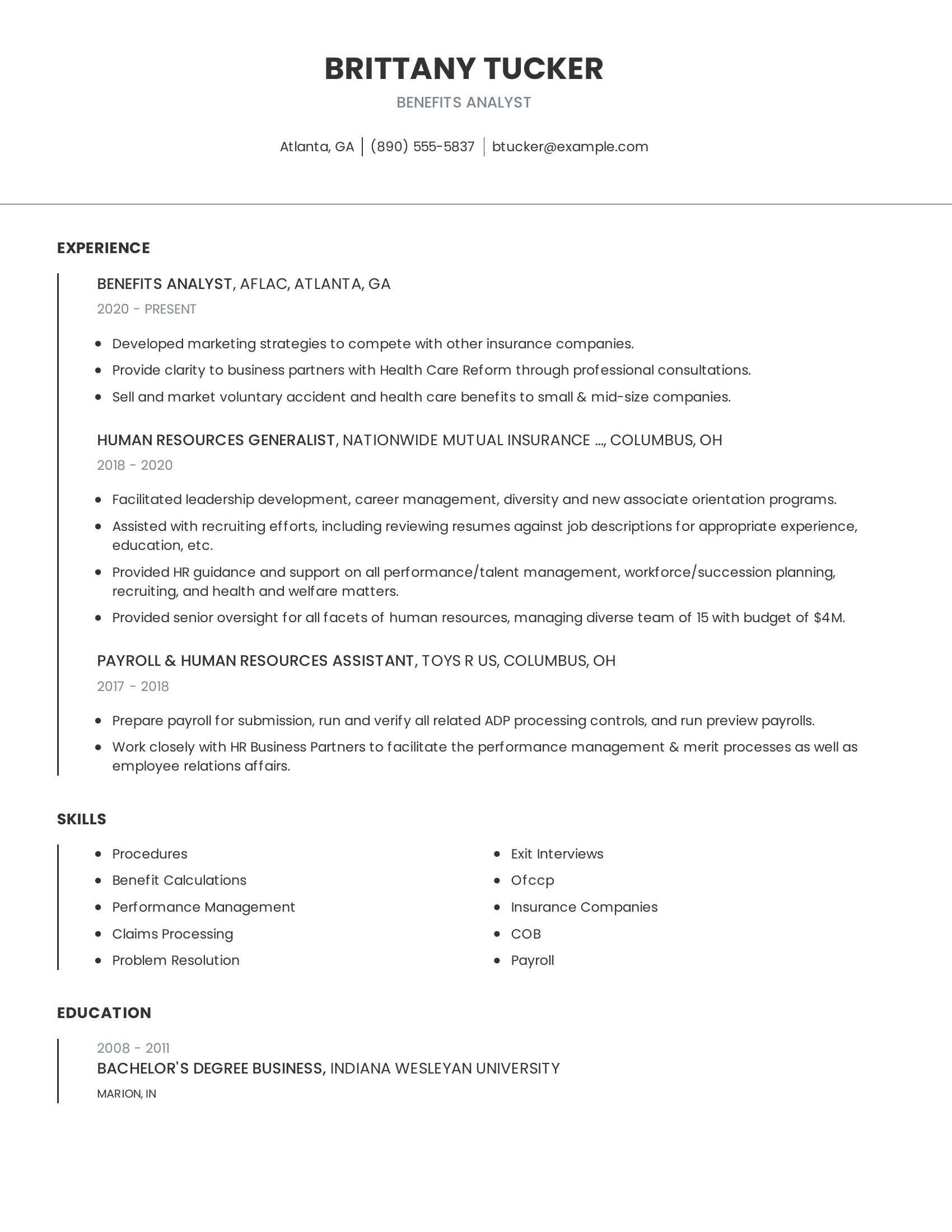 Benefits Analyst resume example