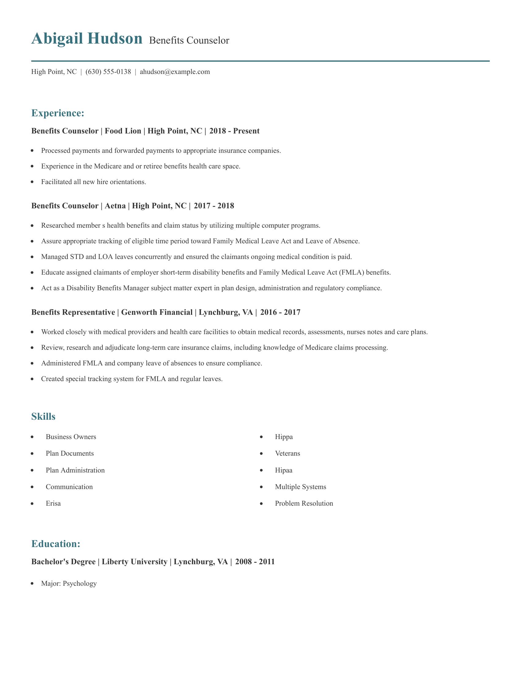 Benefits Counselor resume example