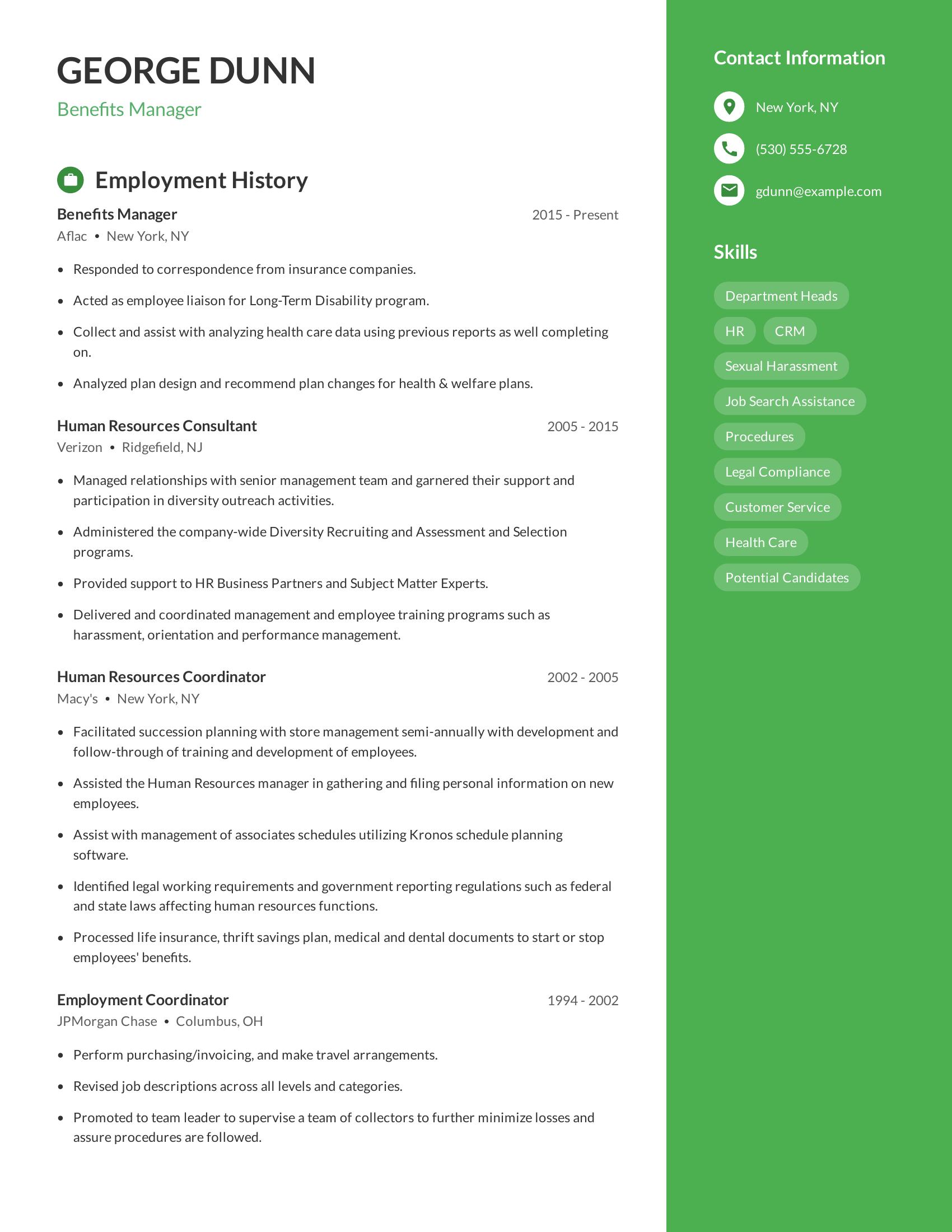 Benefits Manager resume example