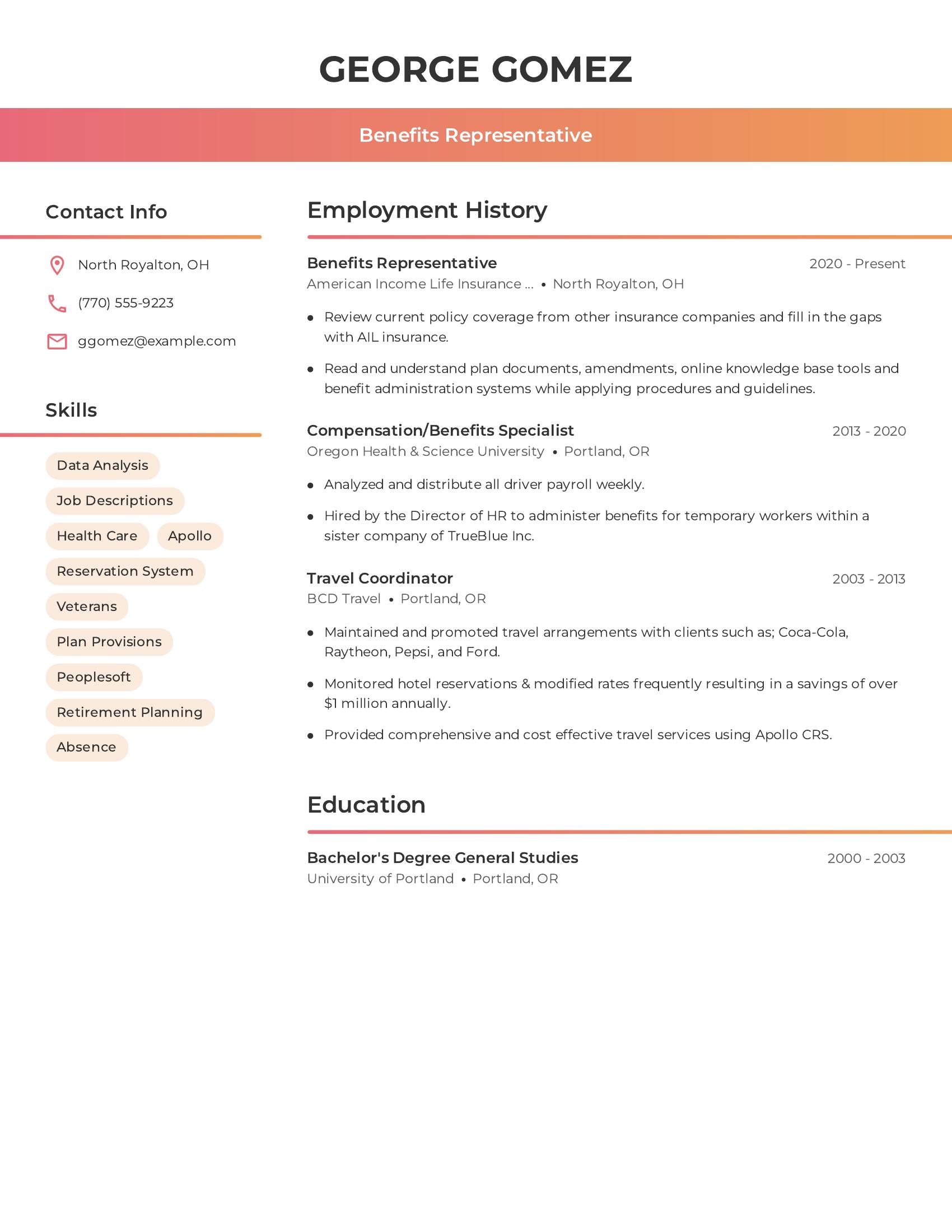 Benefits Representative resume example