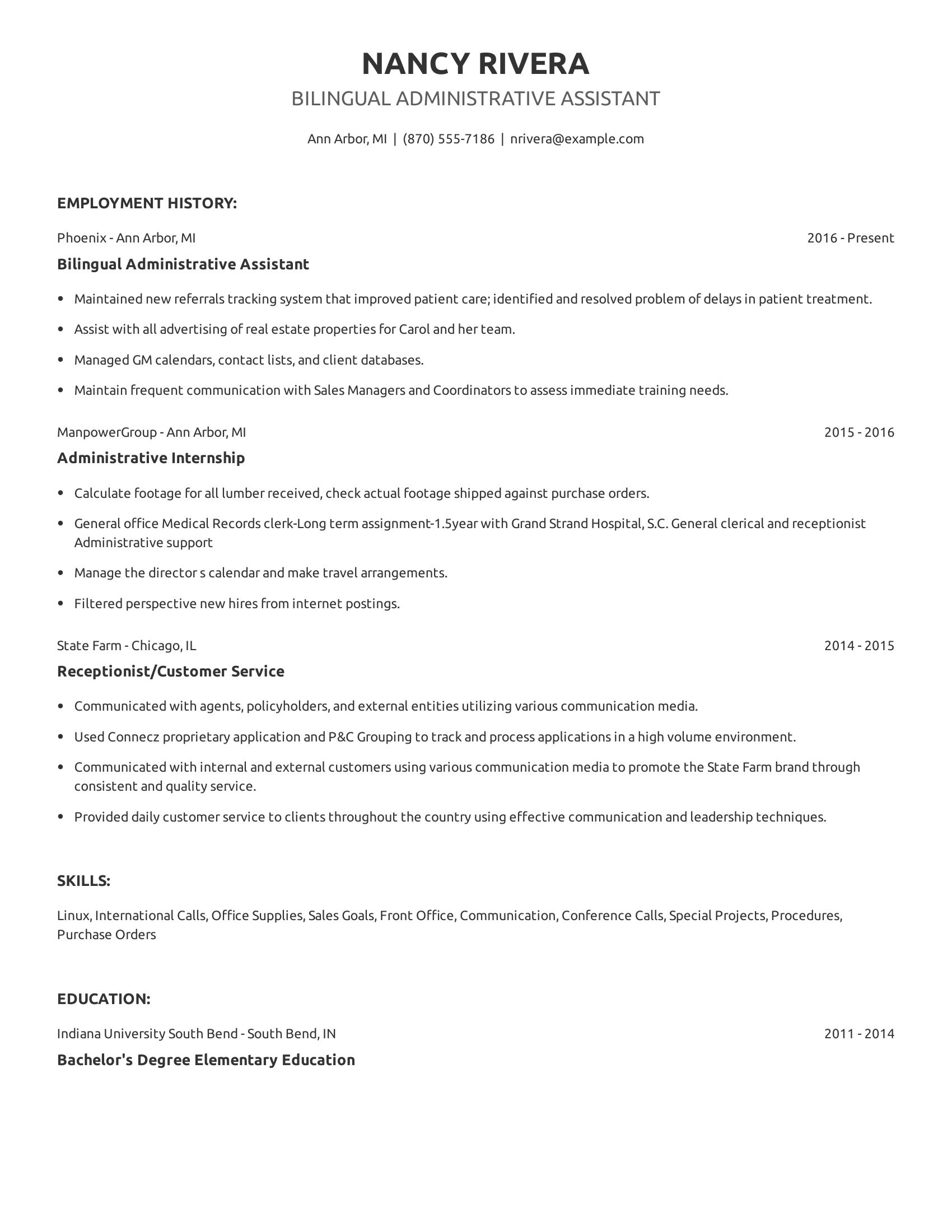 Bilingual Administrative Assistant resume example