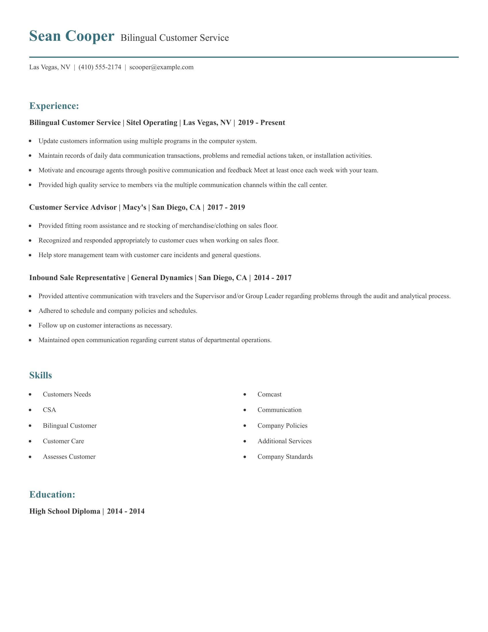 Bilingual Customer Service resume example