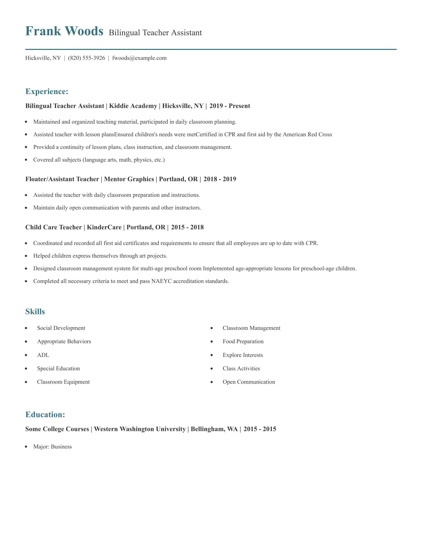 Bilingual Teacher Assistant resume example