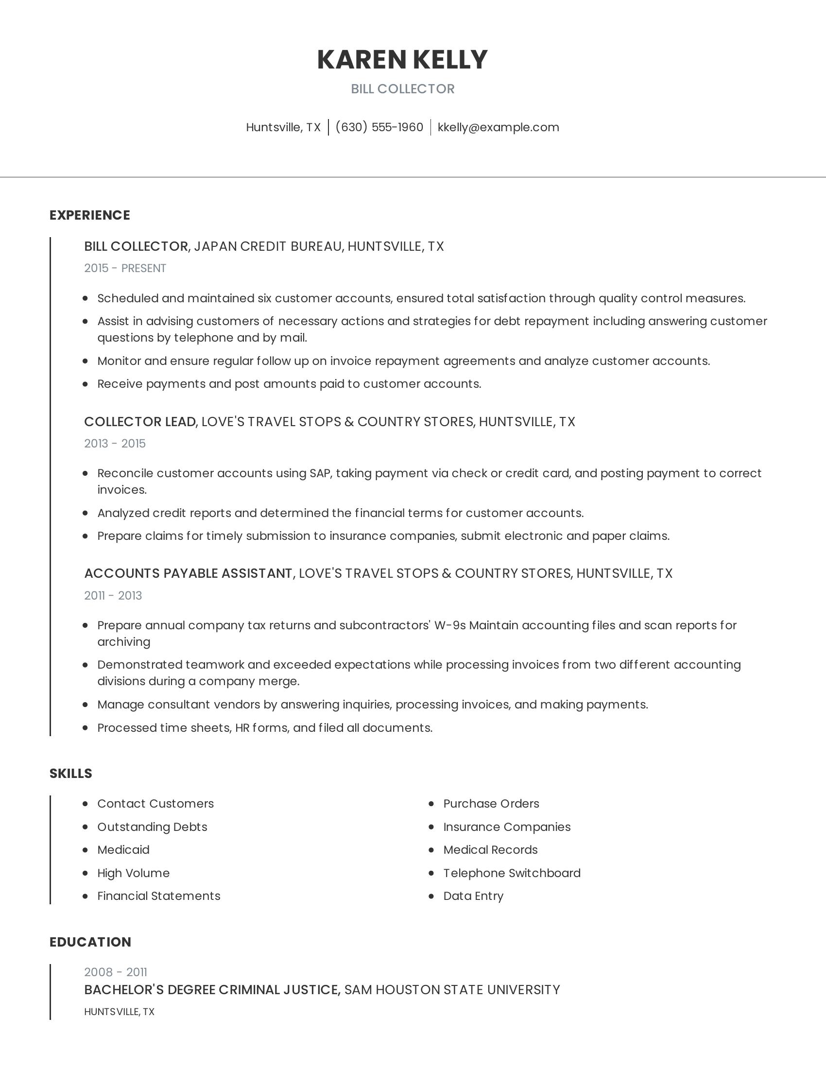 Bill Collector resume example