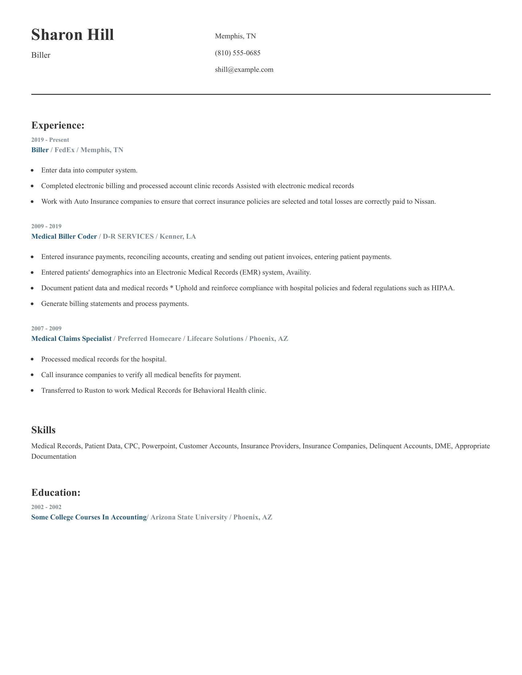 Biller resume example