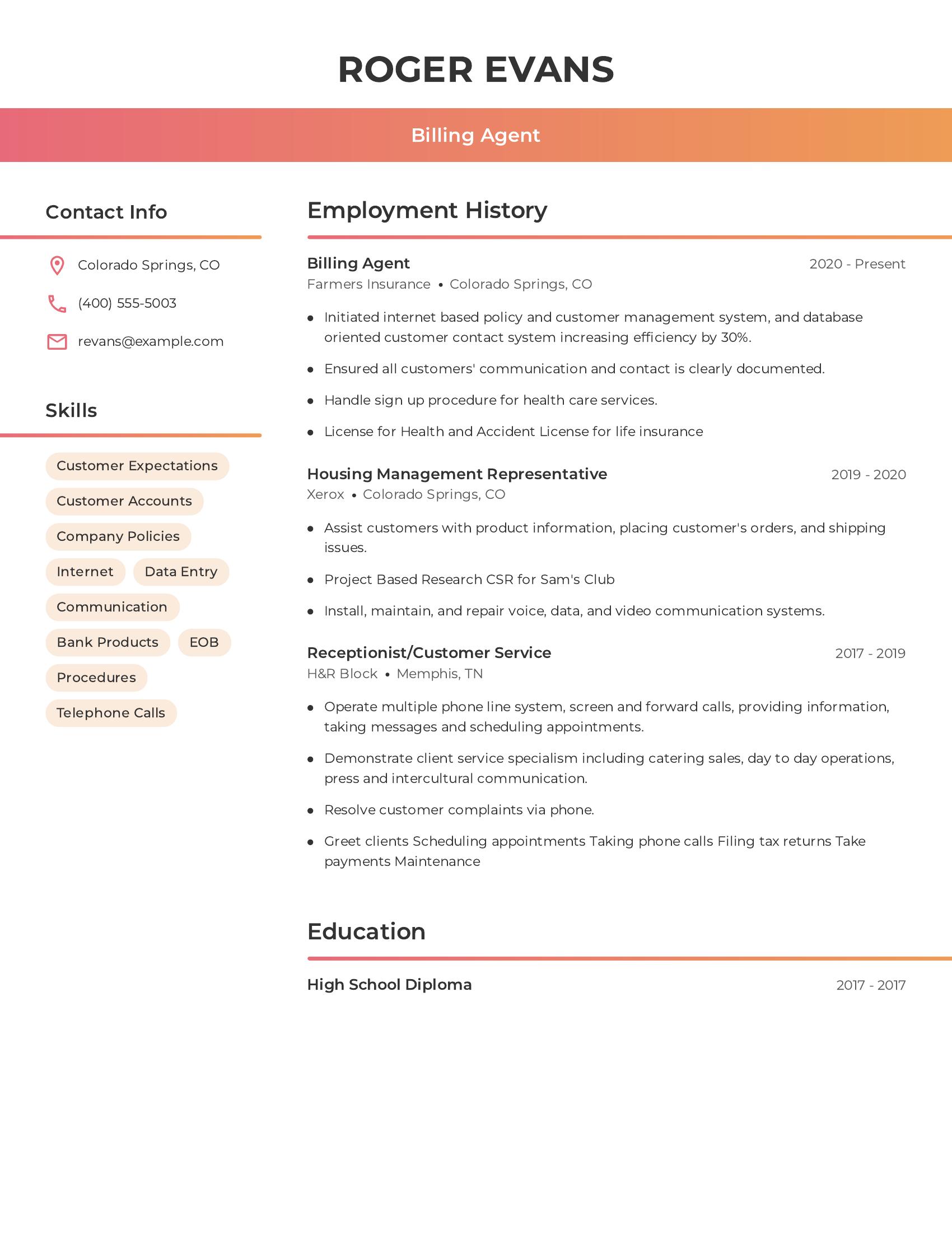 Billing Agent resume example