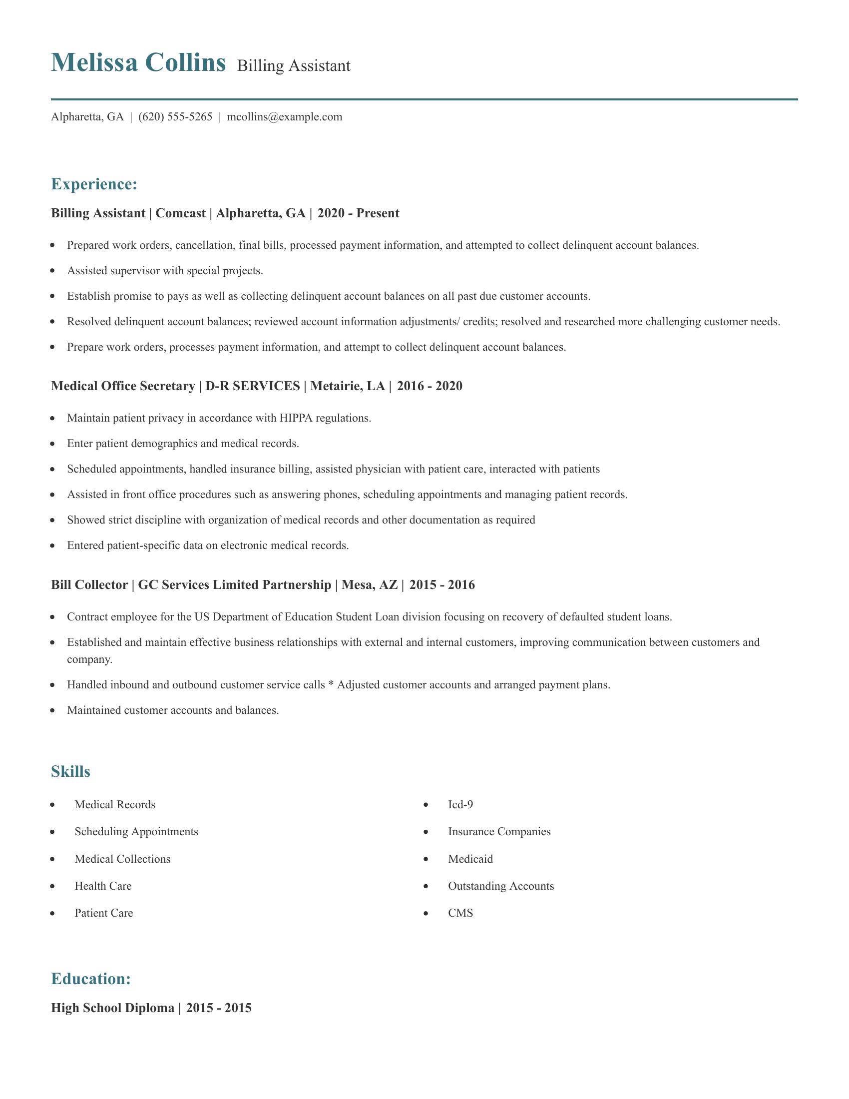 Billing Assistant resume example