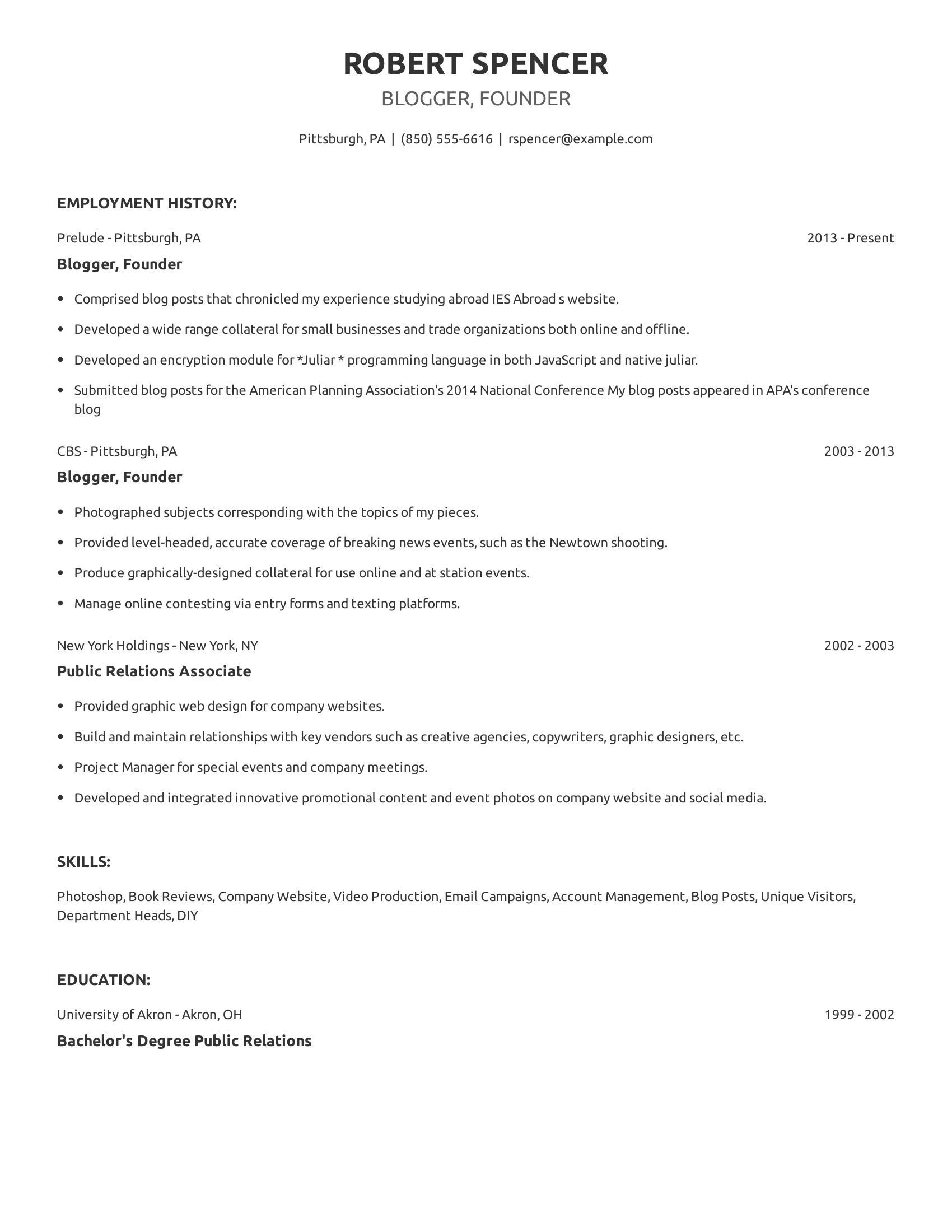 Blogger, Founder resume example