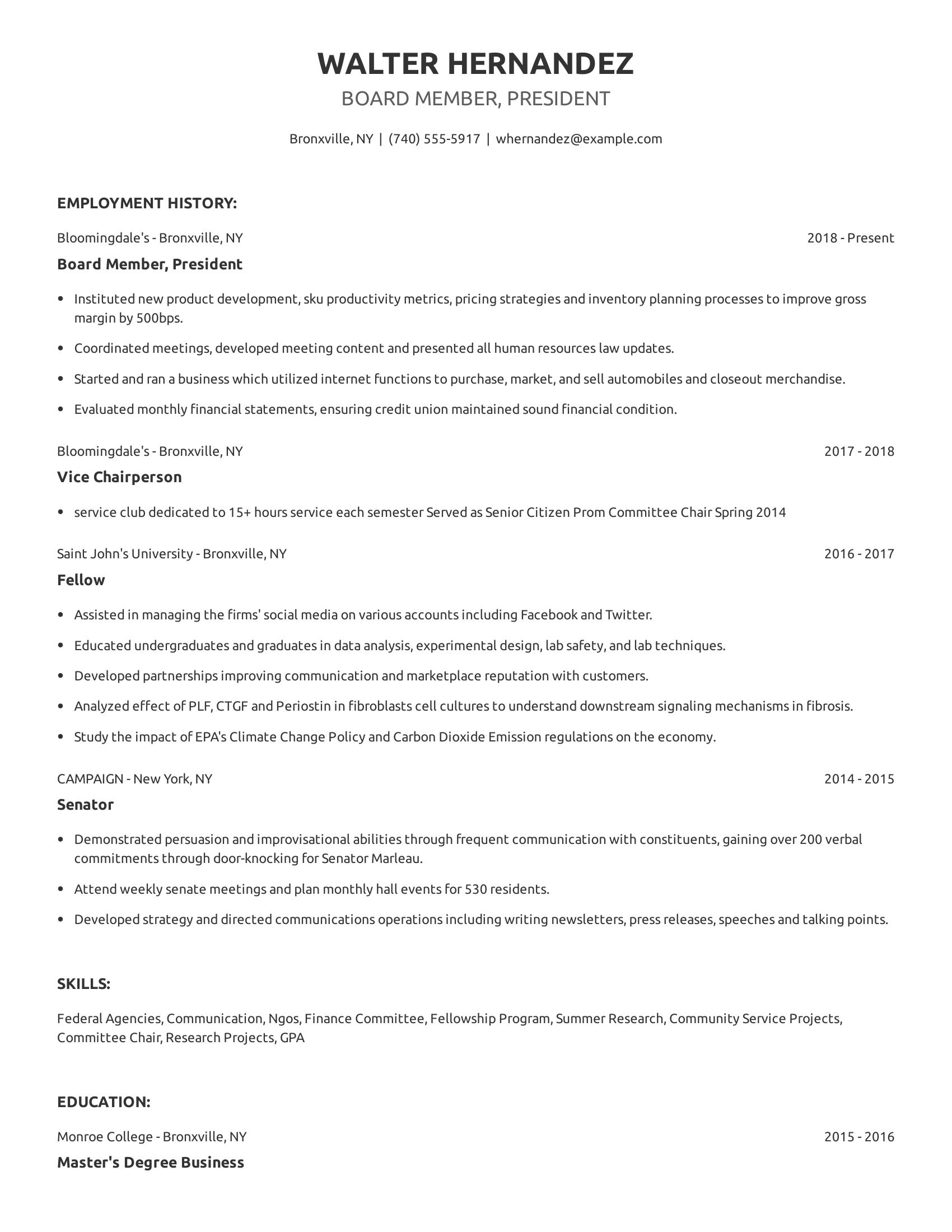 Board Member, President resume example