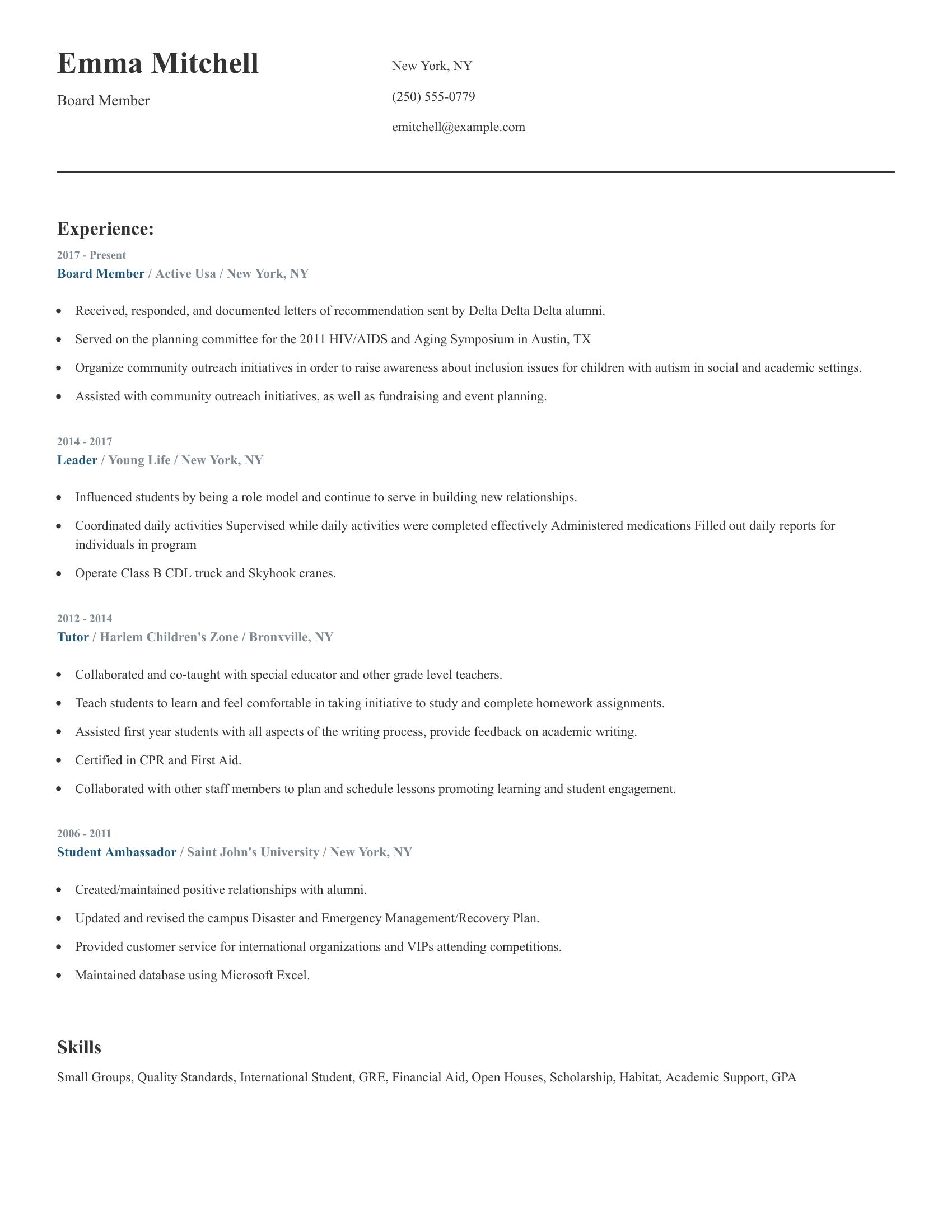 Board Member resume example