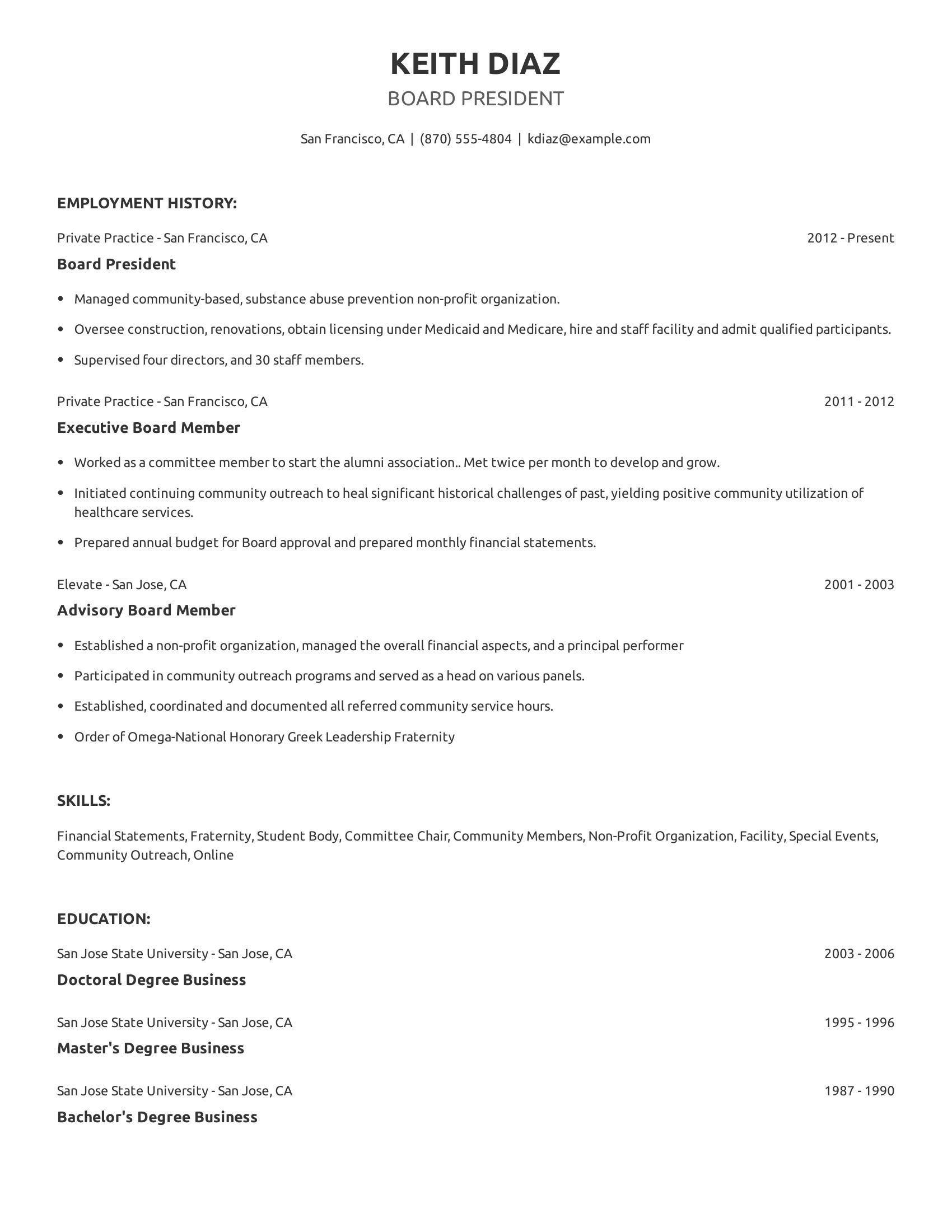 Board President resume example