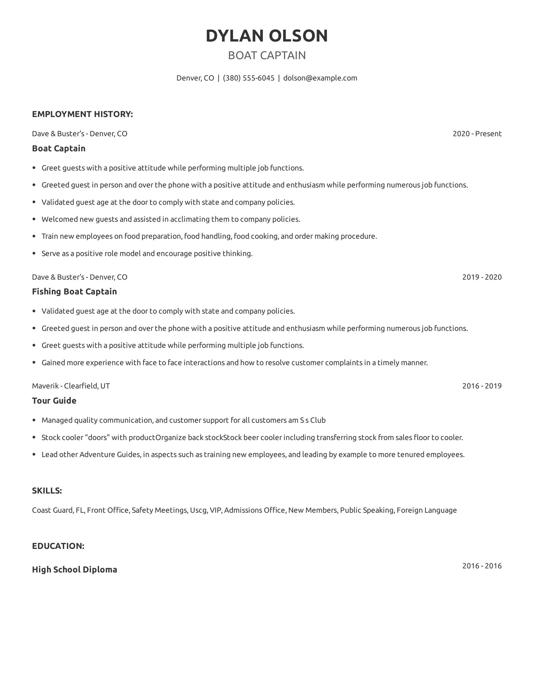 Boat Captain resume example