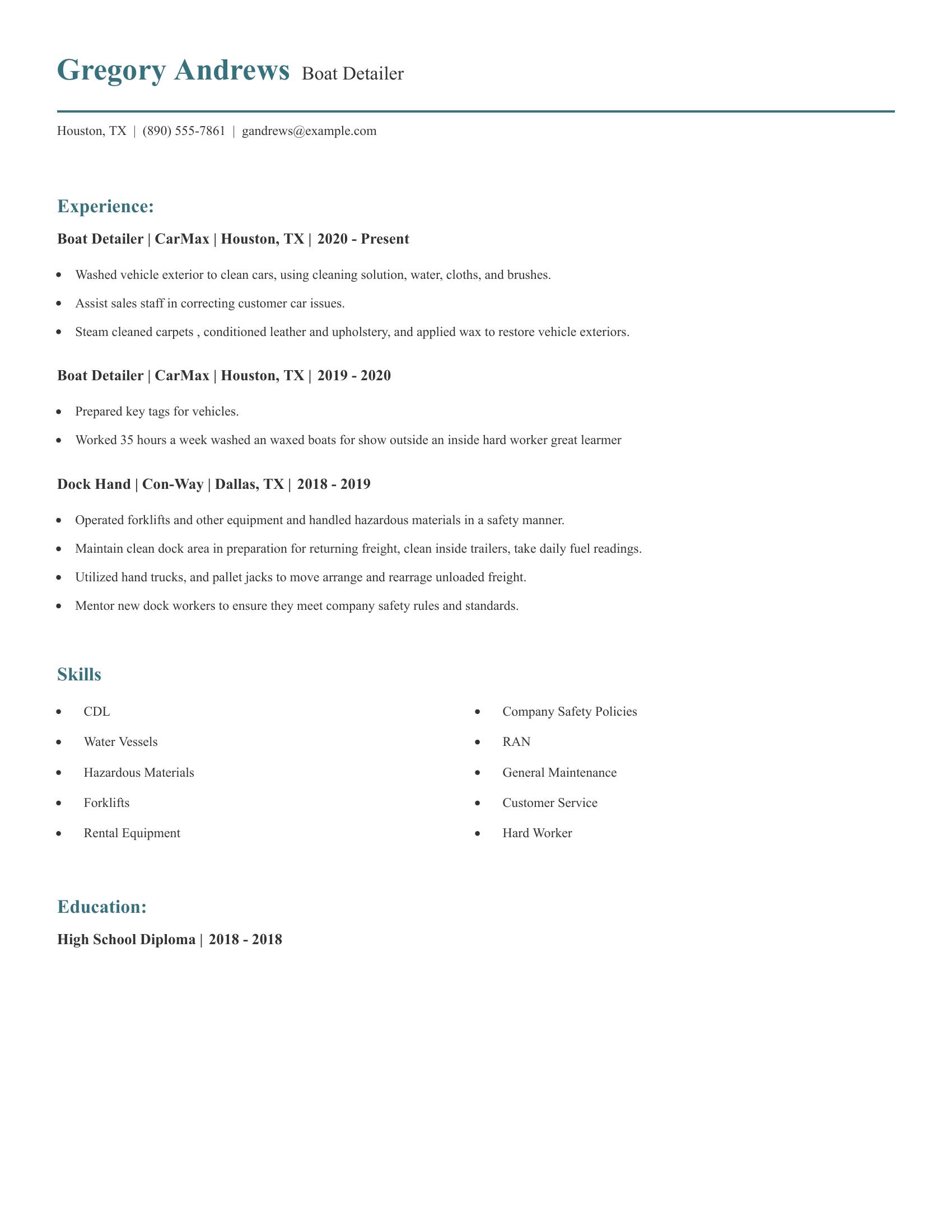 Boat Detailer resume example