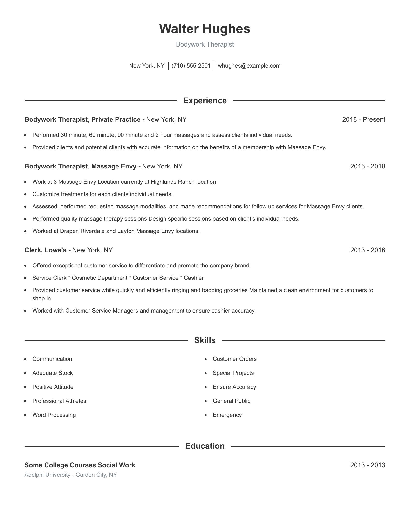 Bodywork Therapist resume example