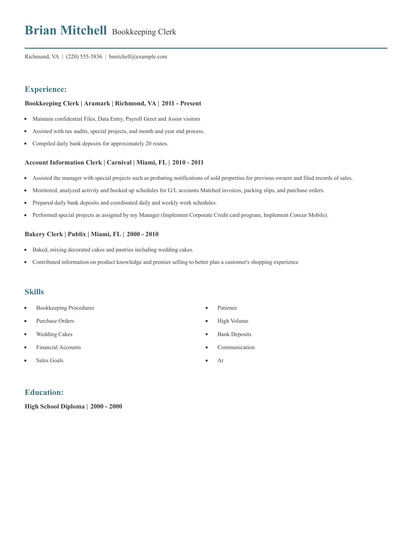 Bookkeeping Clerk resume example