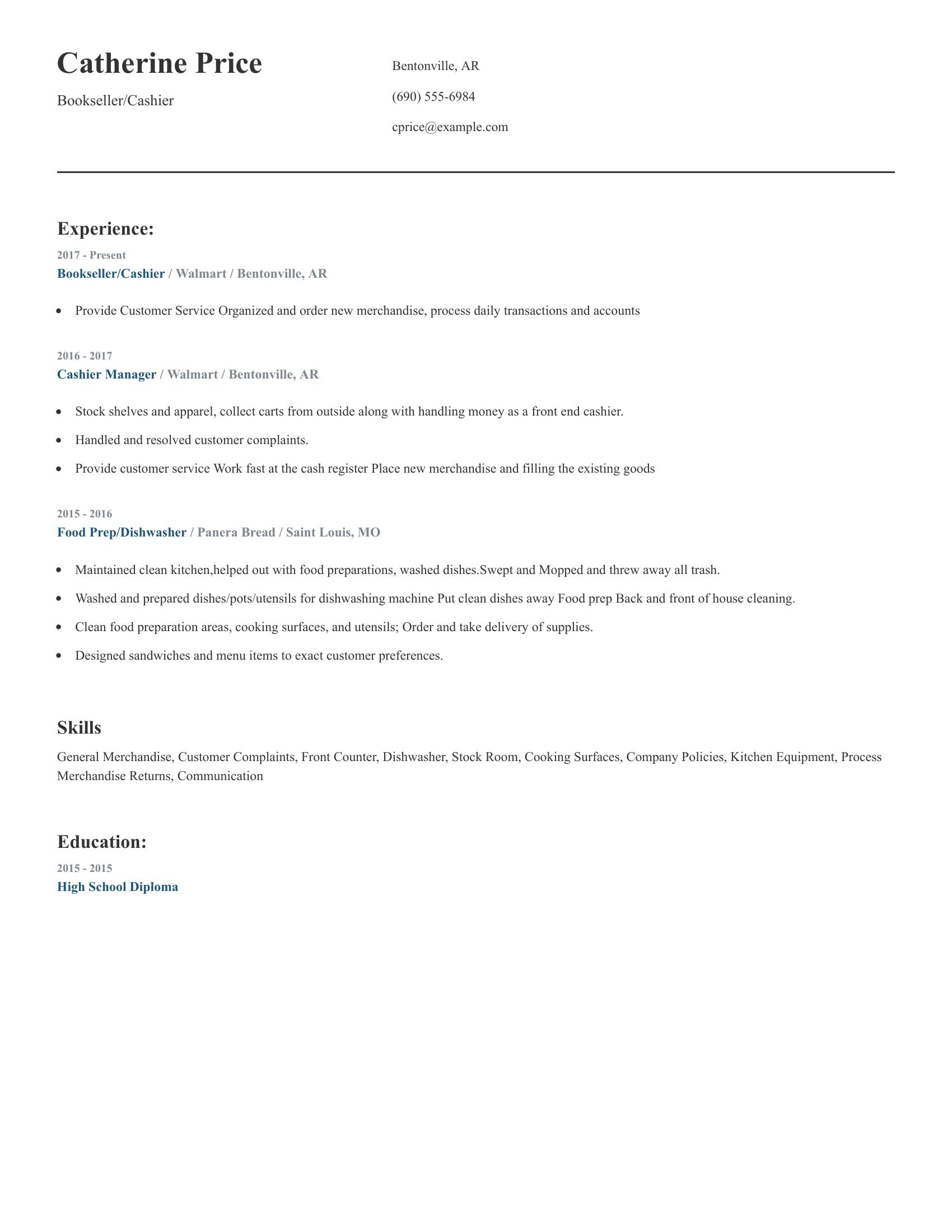 Bookseller/Cashier resume example