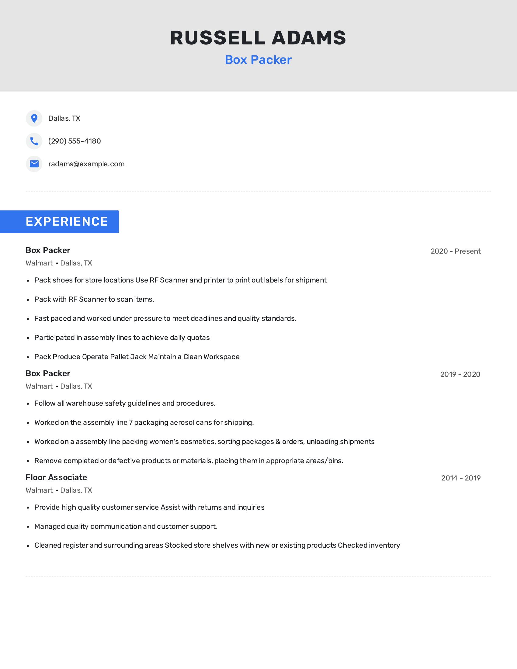 Box Packer resume example