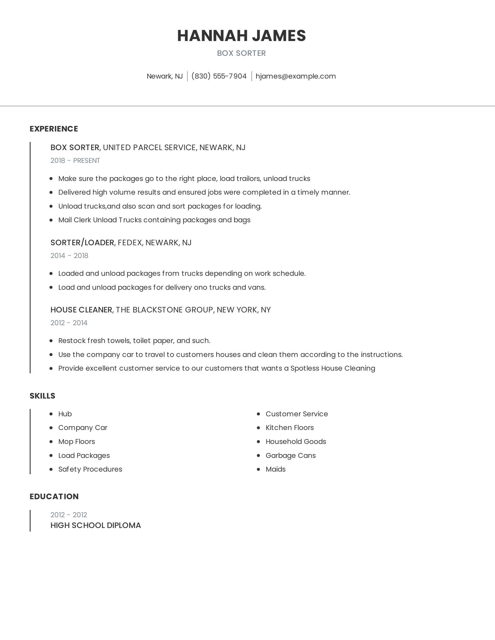 Box Sorter resume example