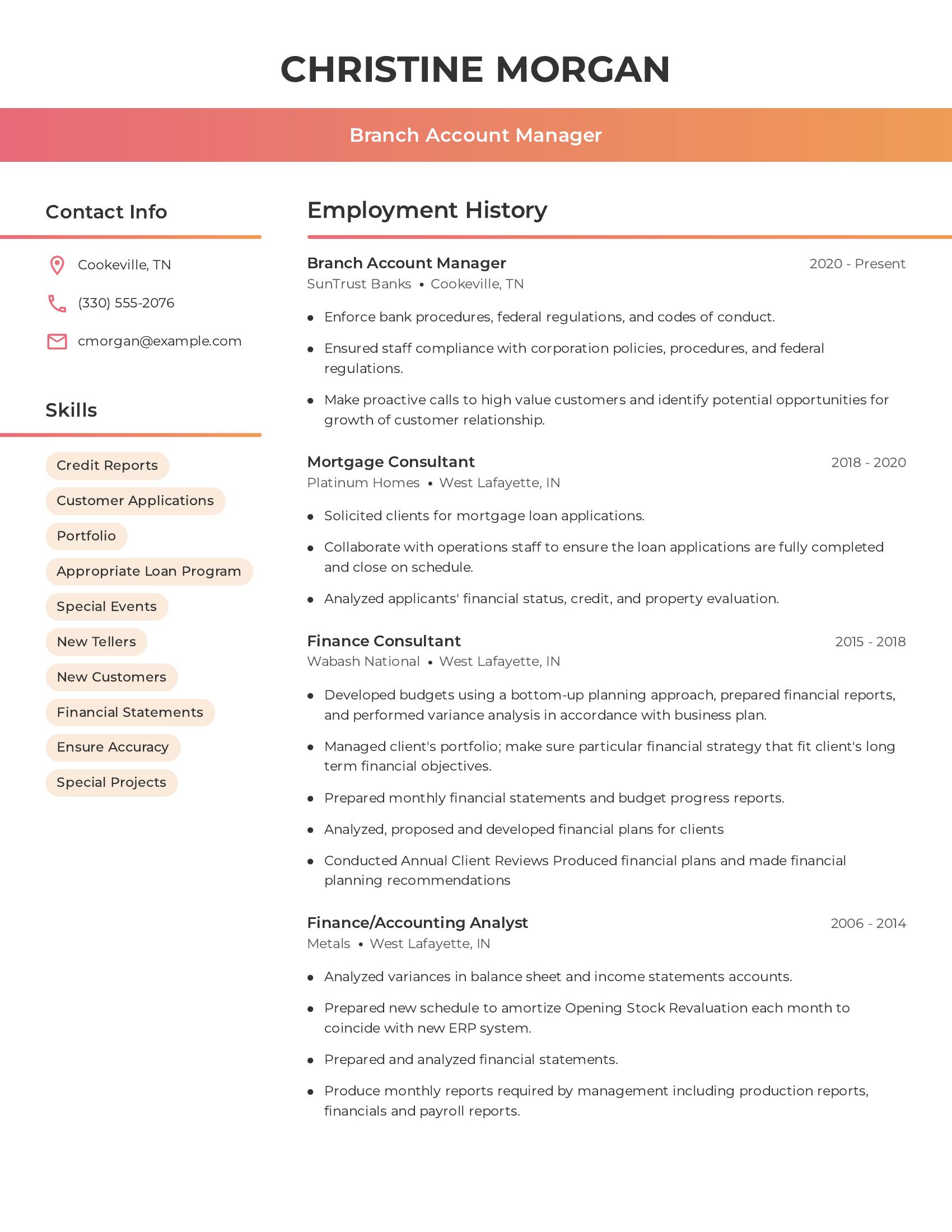 Branch Account Manager resume example