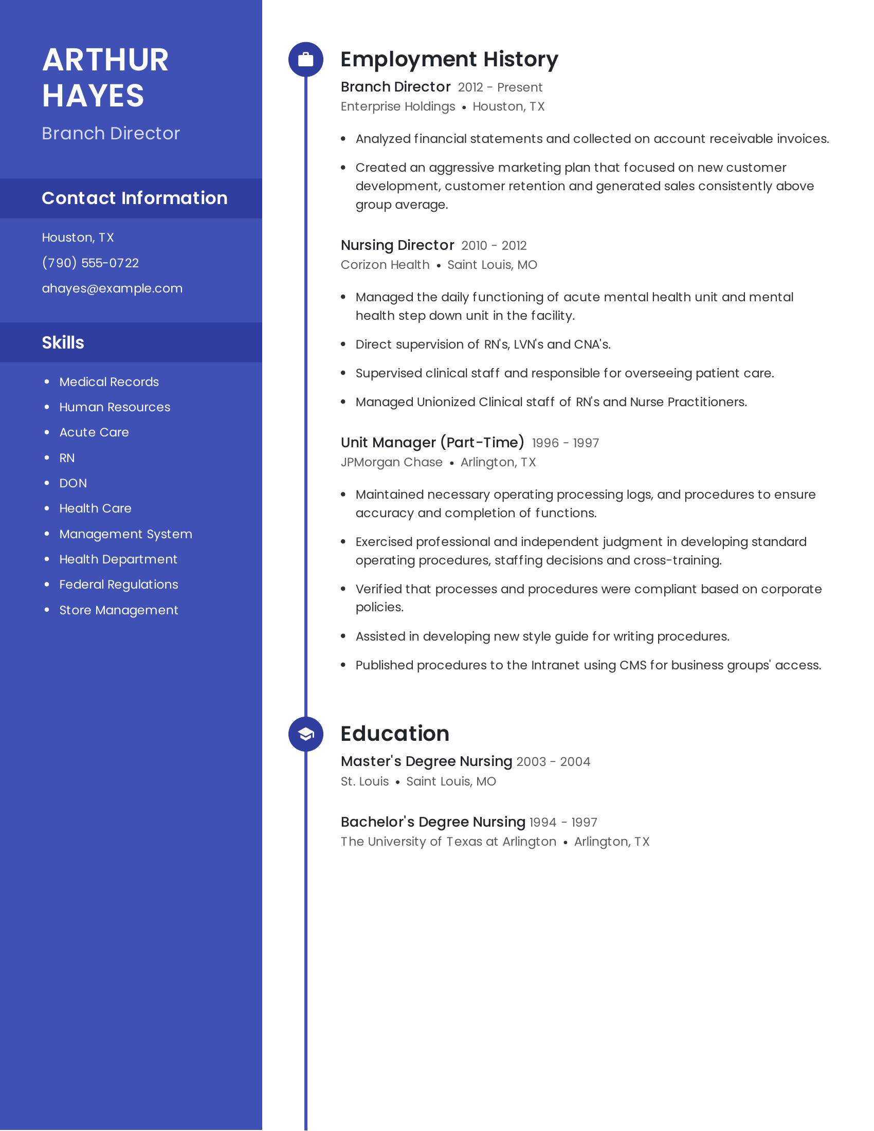 Branch Director resume example