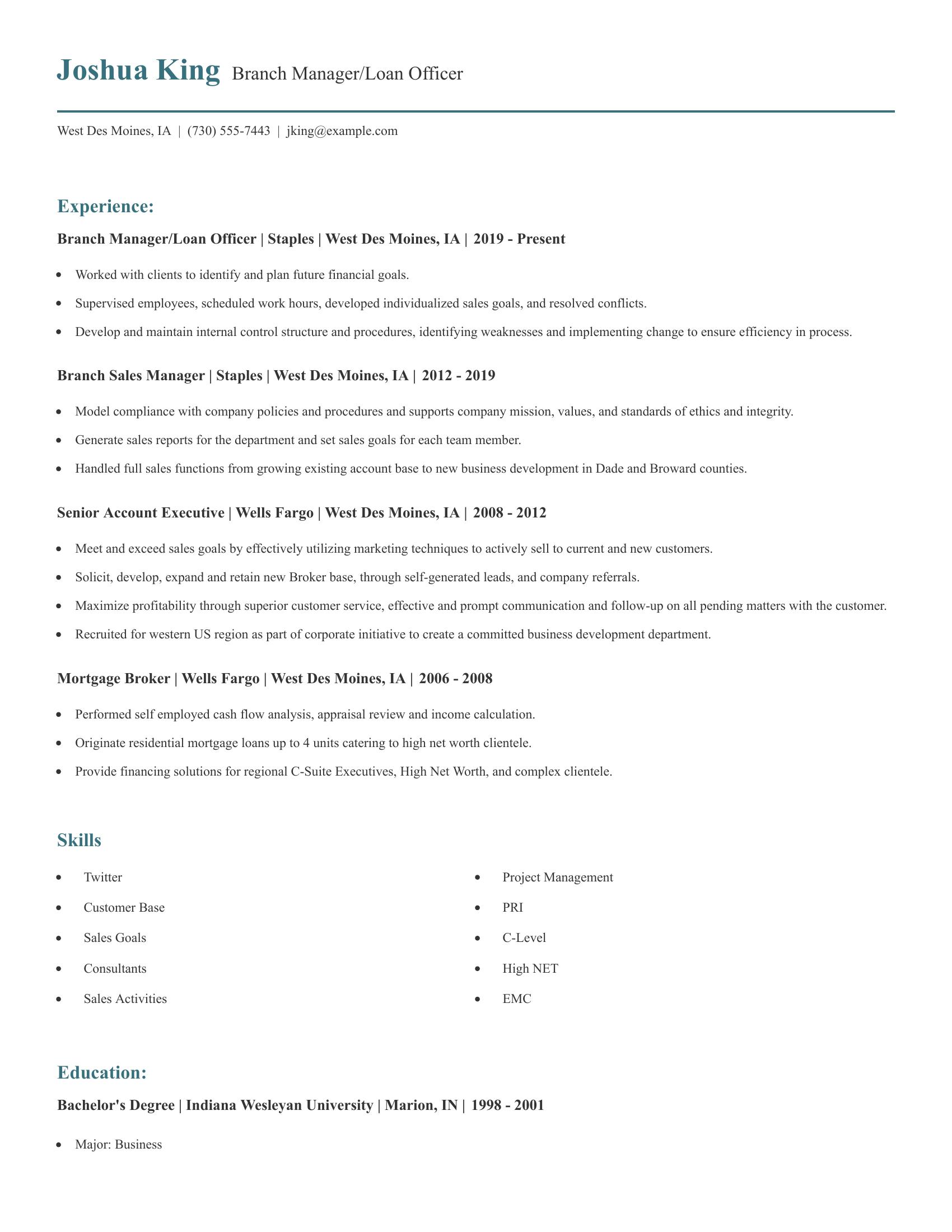 Branch Manager/Loan Officer resume example