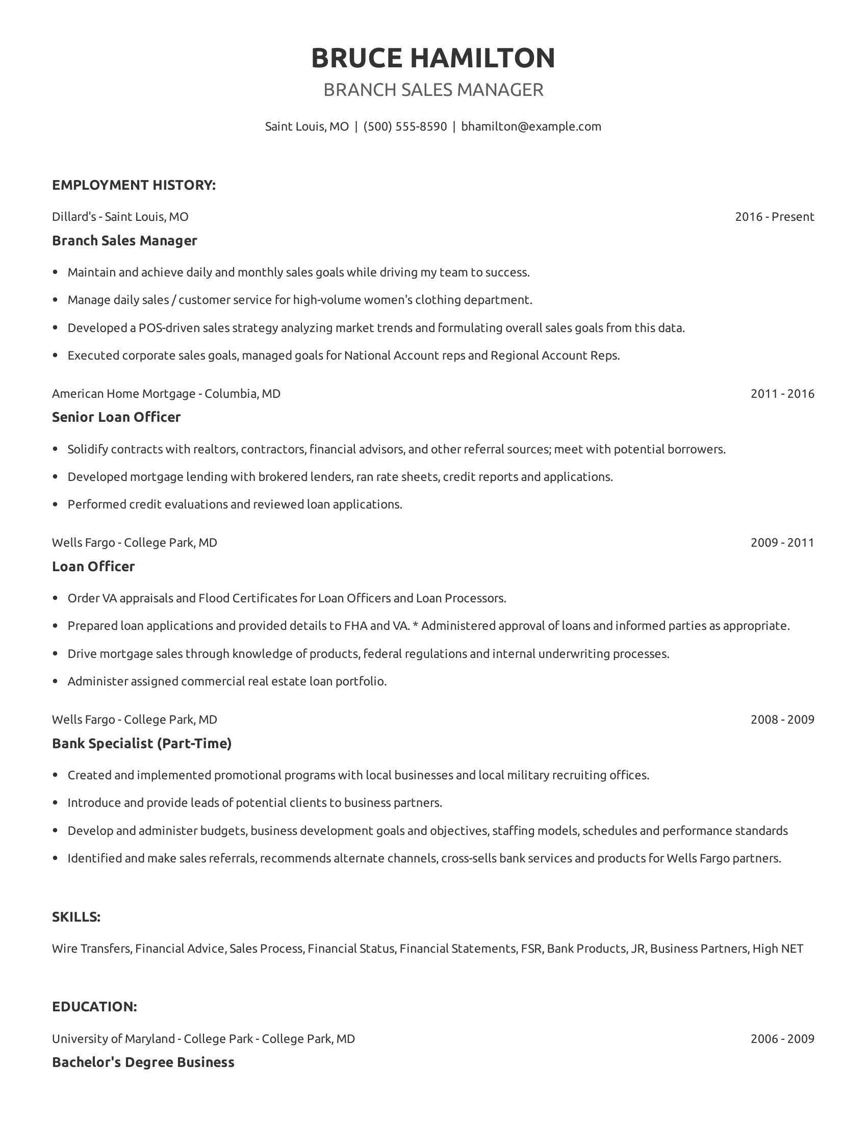 Branch Sales Manager resume example