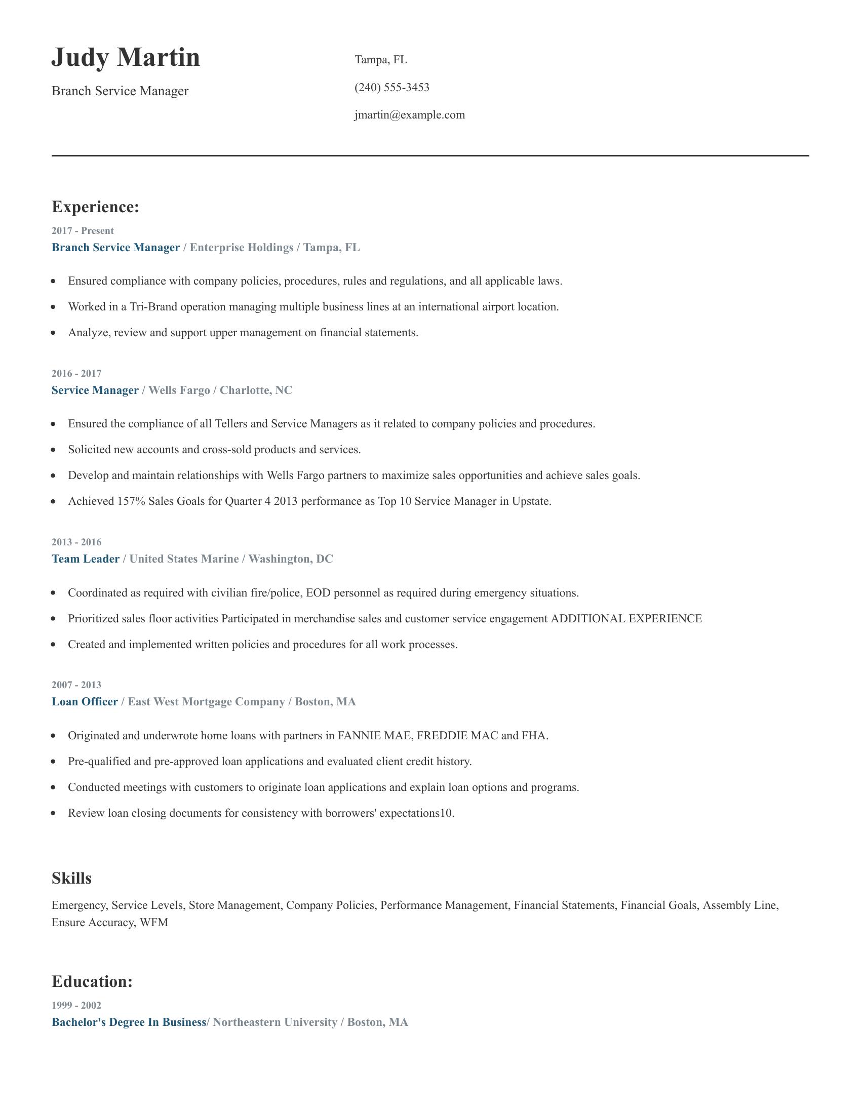 Branch Service Manager resume example