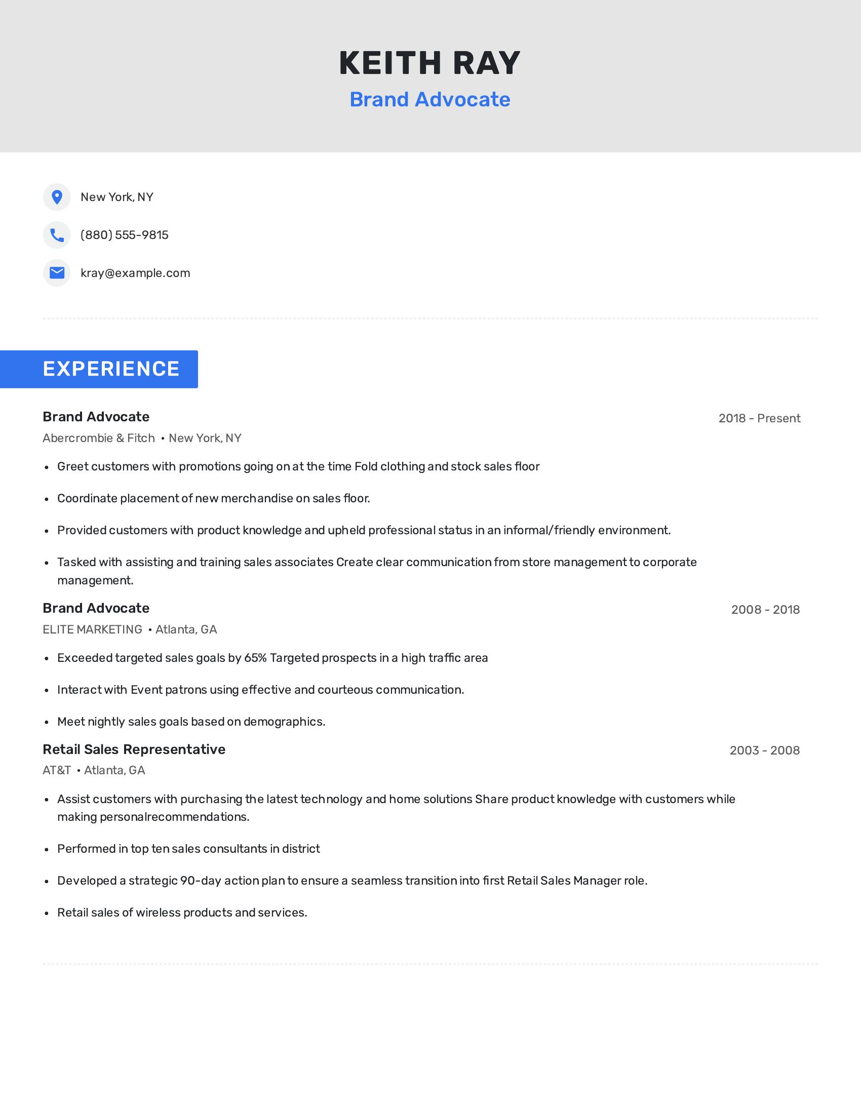 Brand Advocate resume example